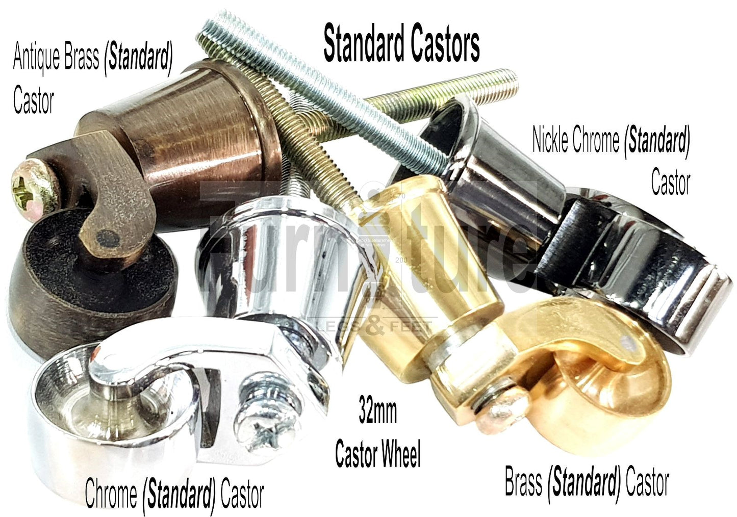 Set Of 4 Turned Wood Furniture Legs With Brass Castor 140mm High M8(8mm) For Chairs Settees & Cabinets