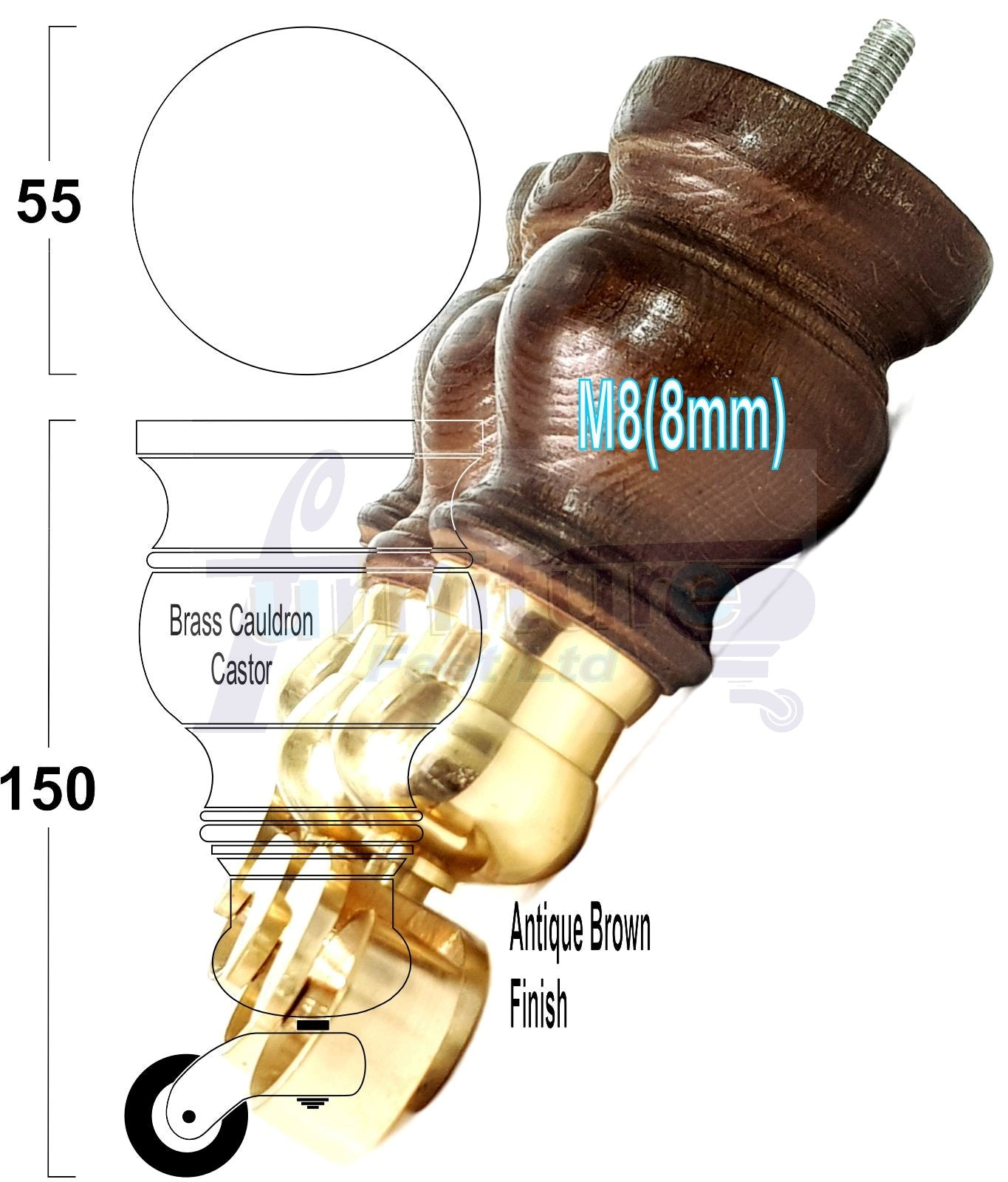 Set Of 4 Turned Wood Furniture Legs With 140mm High Castor 8mm Thread For Chairs Settees & Cabinets Antique Brown