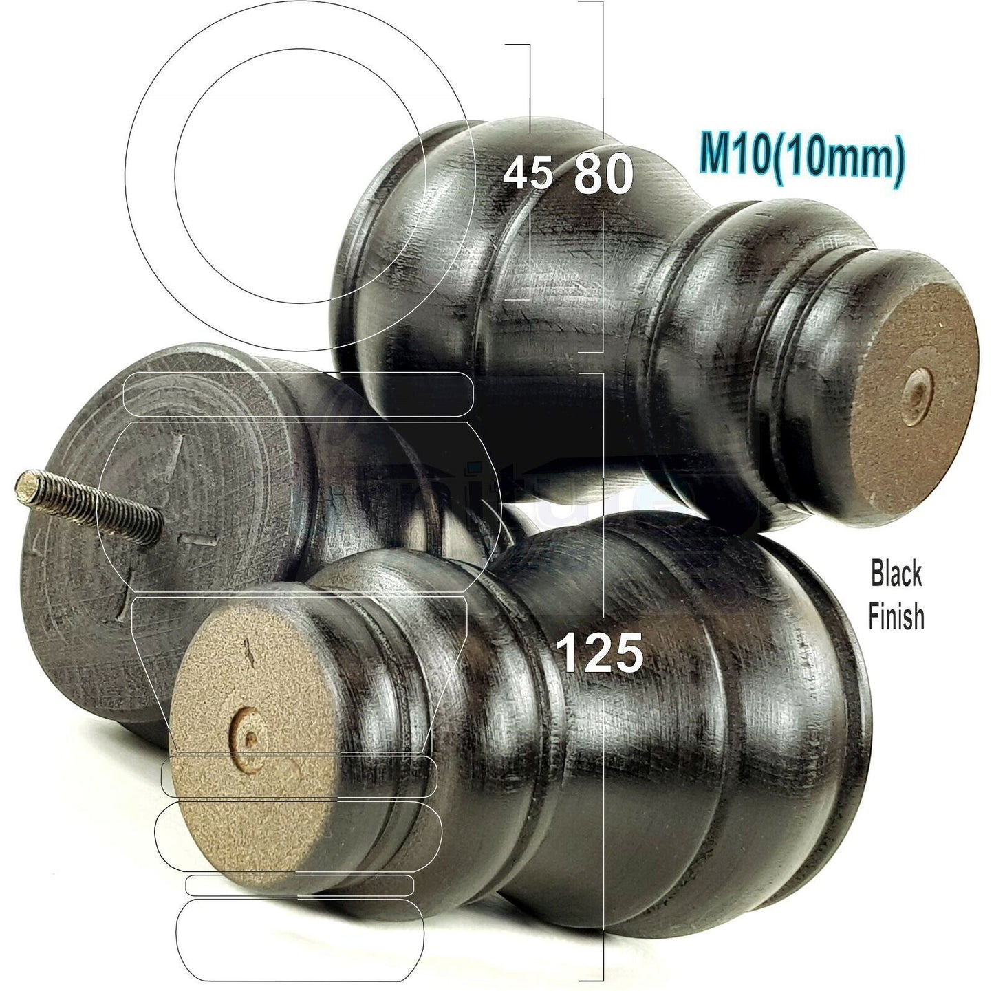 4 Turned Wood Furniture Legs M10 Thread Replacement Feet 125mm High Sofa Chairs Beds