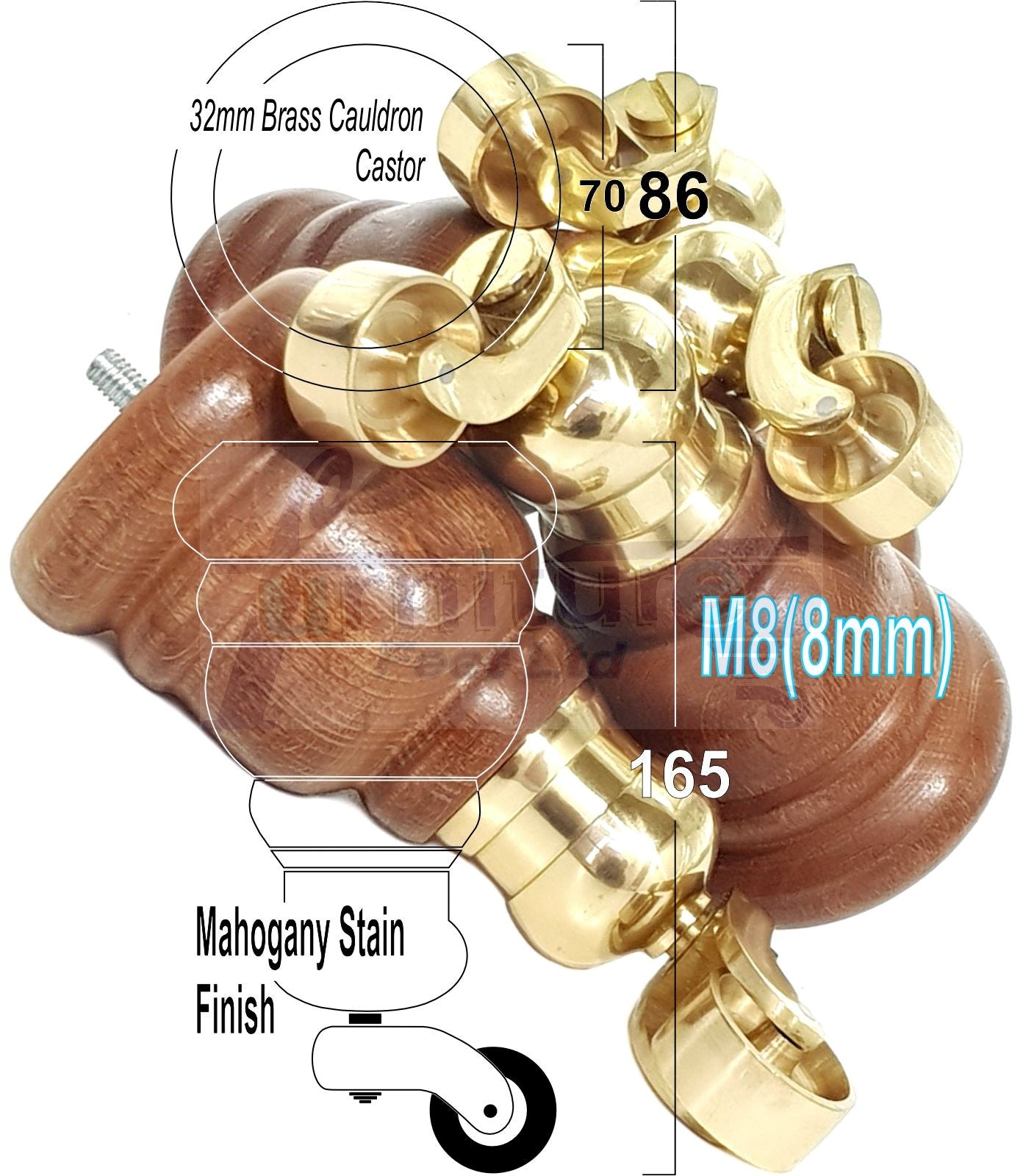 4 Turned Wood Furniture Feet With Brass Cauldron Castors 160mm Legs Sofas Chairs Stools Cabinets Beds M8 6 Inches