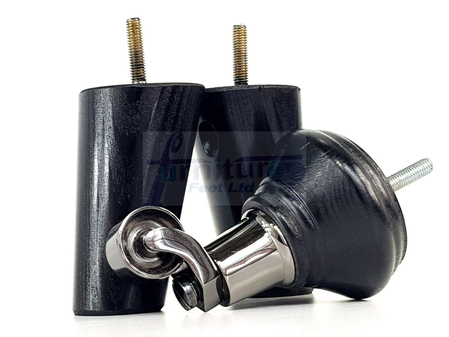 2 Black Wood Furniture Sofa Legs With Castor 125mm & 2 Angled Back Feet Chair Settee 100mm High M8