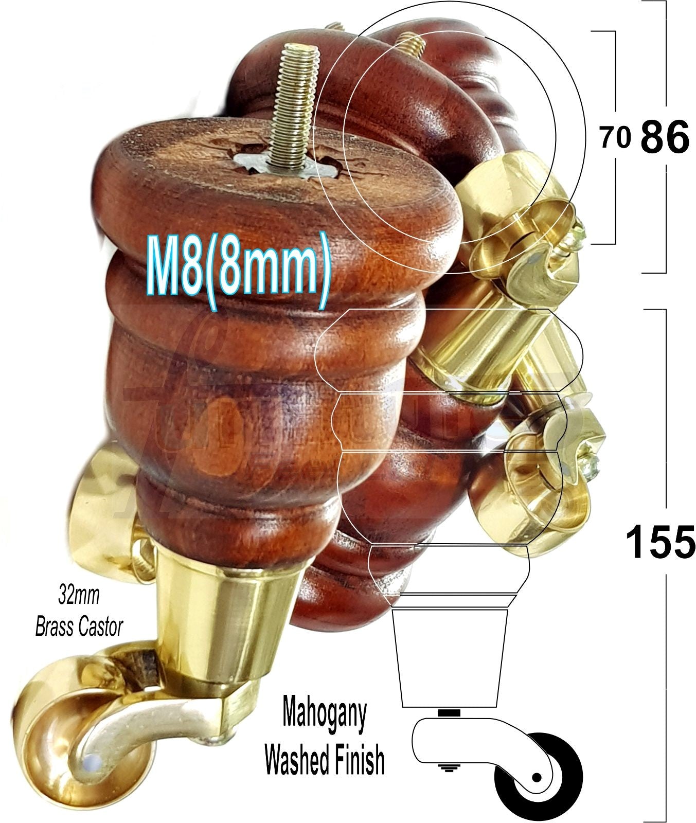 4 Turned Wood Furniture Feet With Brass Castors 155mm Legs Sofas Chairs Stools Cabinets Beds M8 6 Inches