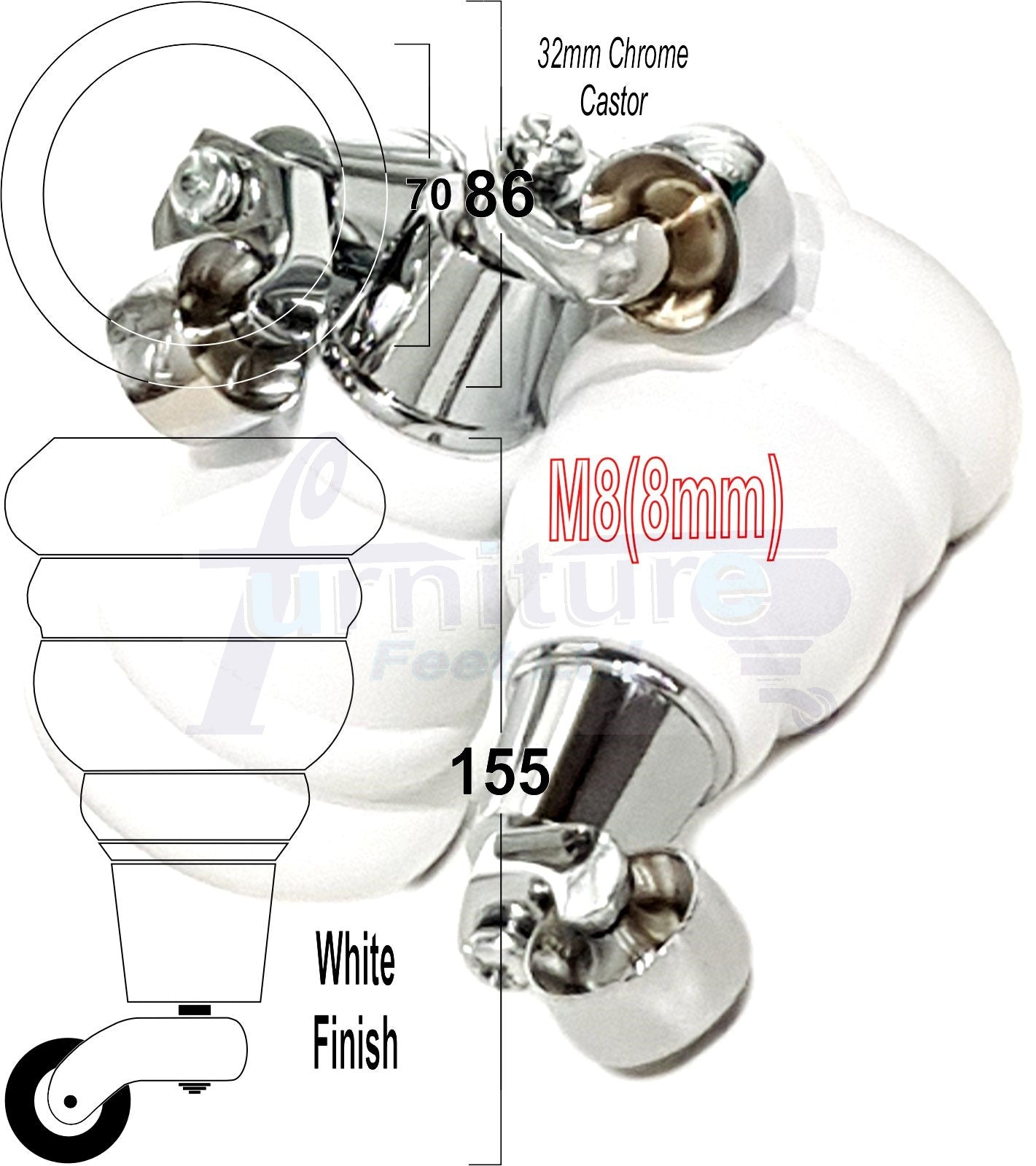 4 Turned Wood Furniture Feet With Chrome Castors 155mm Legs Sofas Chairs Stools Cabinets Beds M8 6 Inches