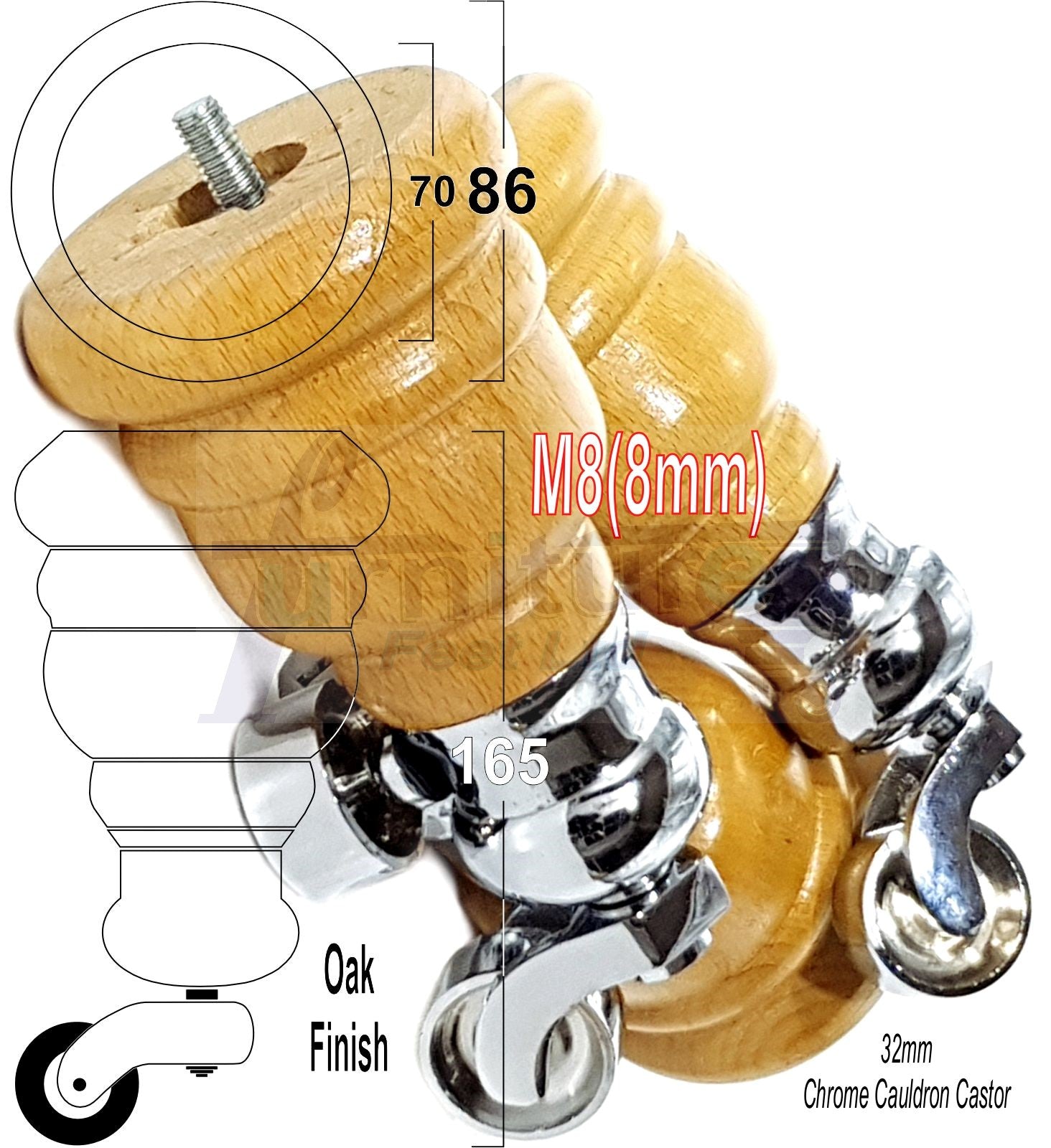 4 Turned Wood Furniture Feet With Chrome Cauldron Castors 155mm Legs Sofas Chairs Stools Cabinets Beds M8 6 Inches