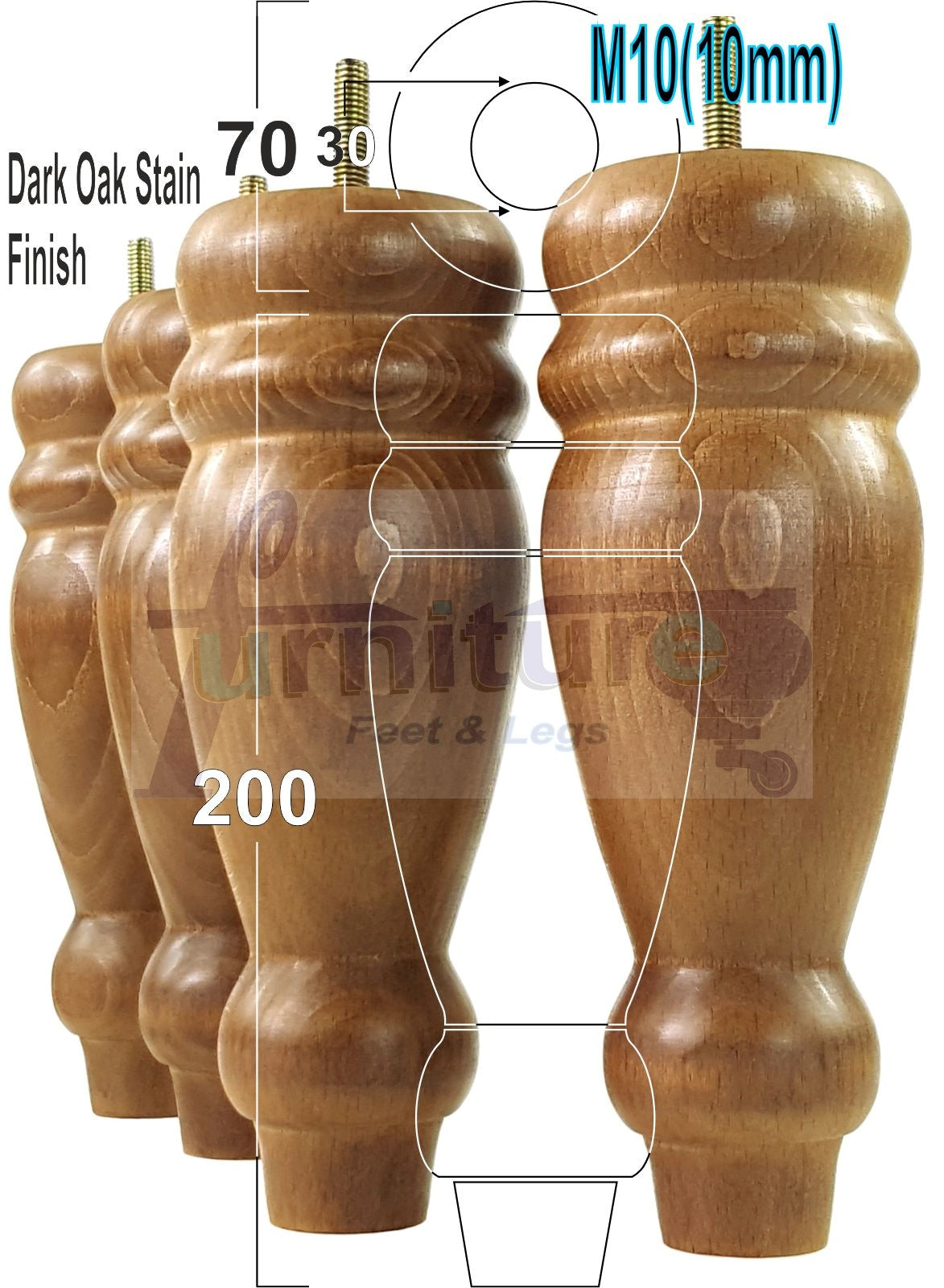 Set Of 4 Turned Furniture Legs Replacement Sofa Feet 200mm Hight M10 Thread