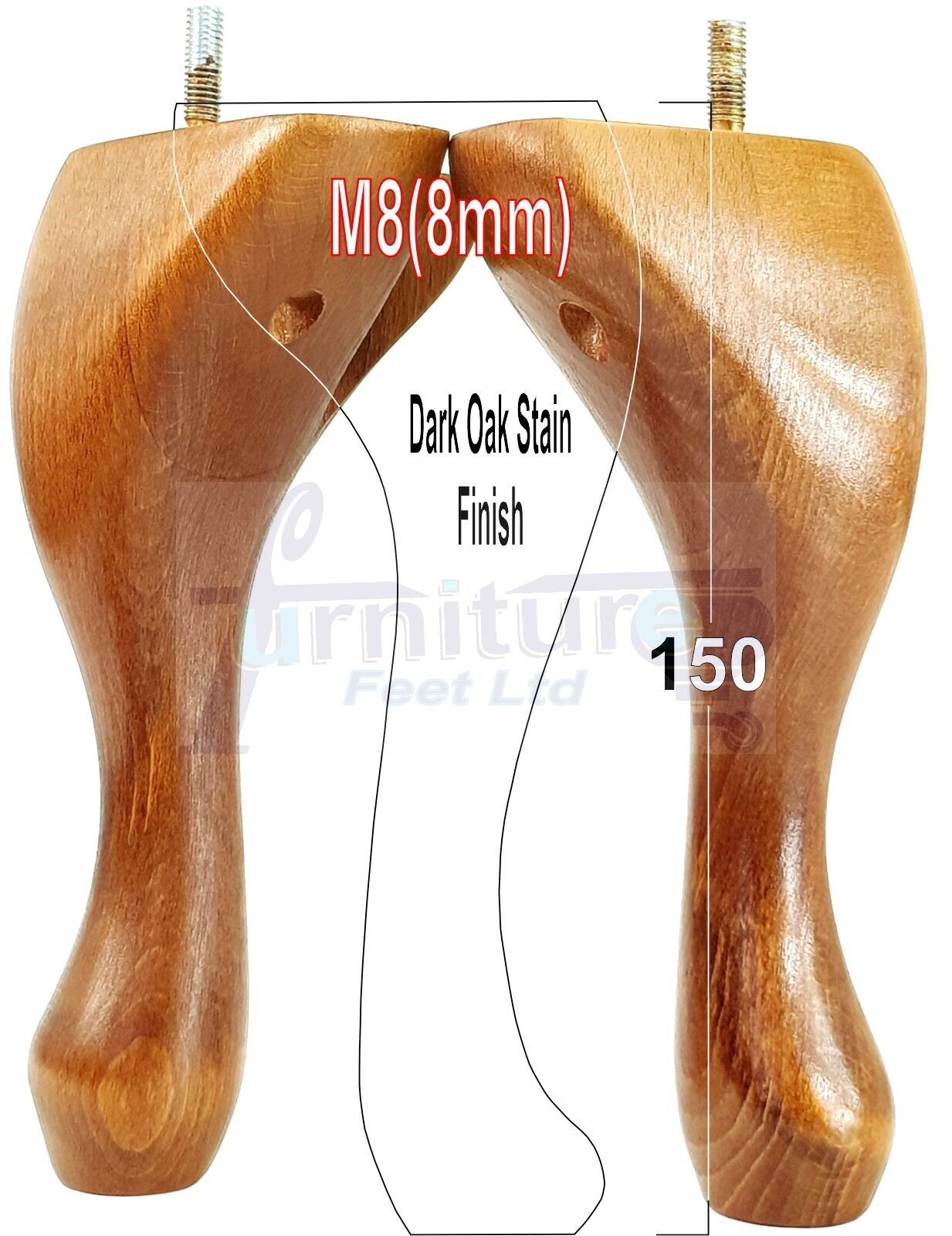 4 Solid Wood Furniture Feet 150mm High Queen Anne Replacement Legs M8 (8mm) 6 Inches Chair Stools Bed Sofa Georgian Style