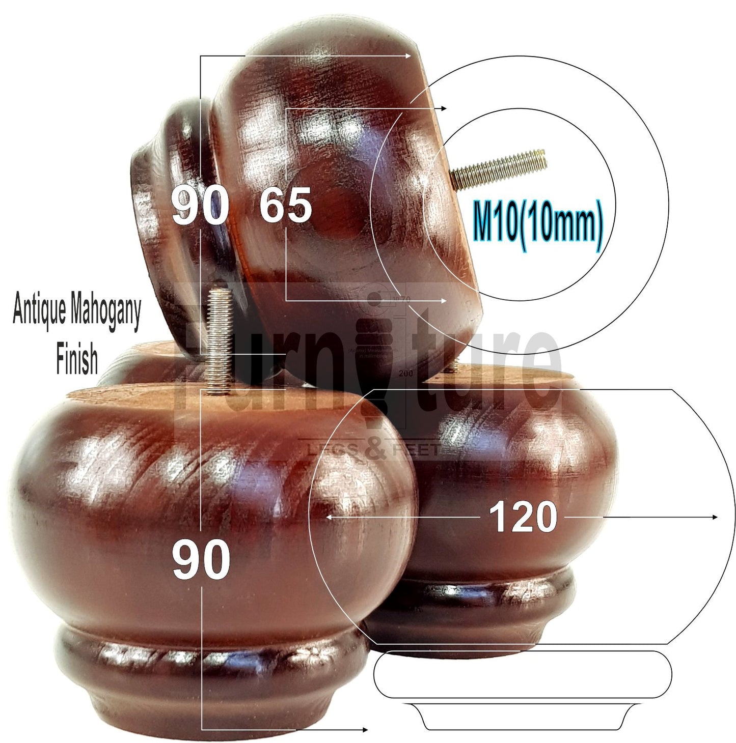  4 Turned Wooden Furniture Legs Replacement Feet 50mm High 10mm Thread For Settees, Chairs