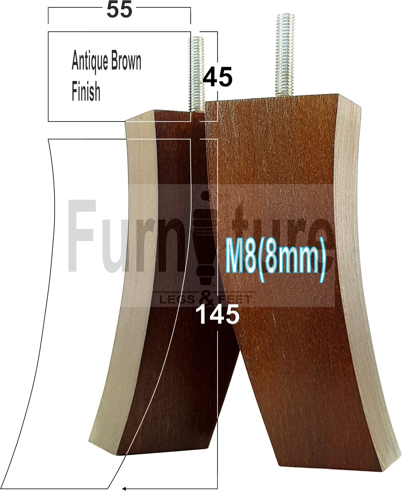 Set Of 4 Solid Wood Curved Furniture Feet Replacement Legs 145mm High M8(8mm)