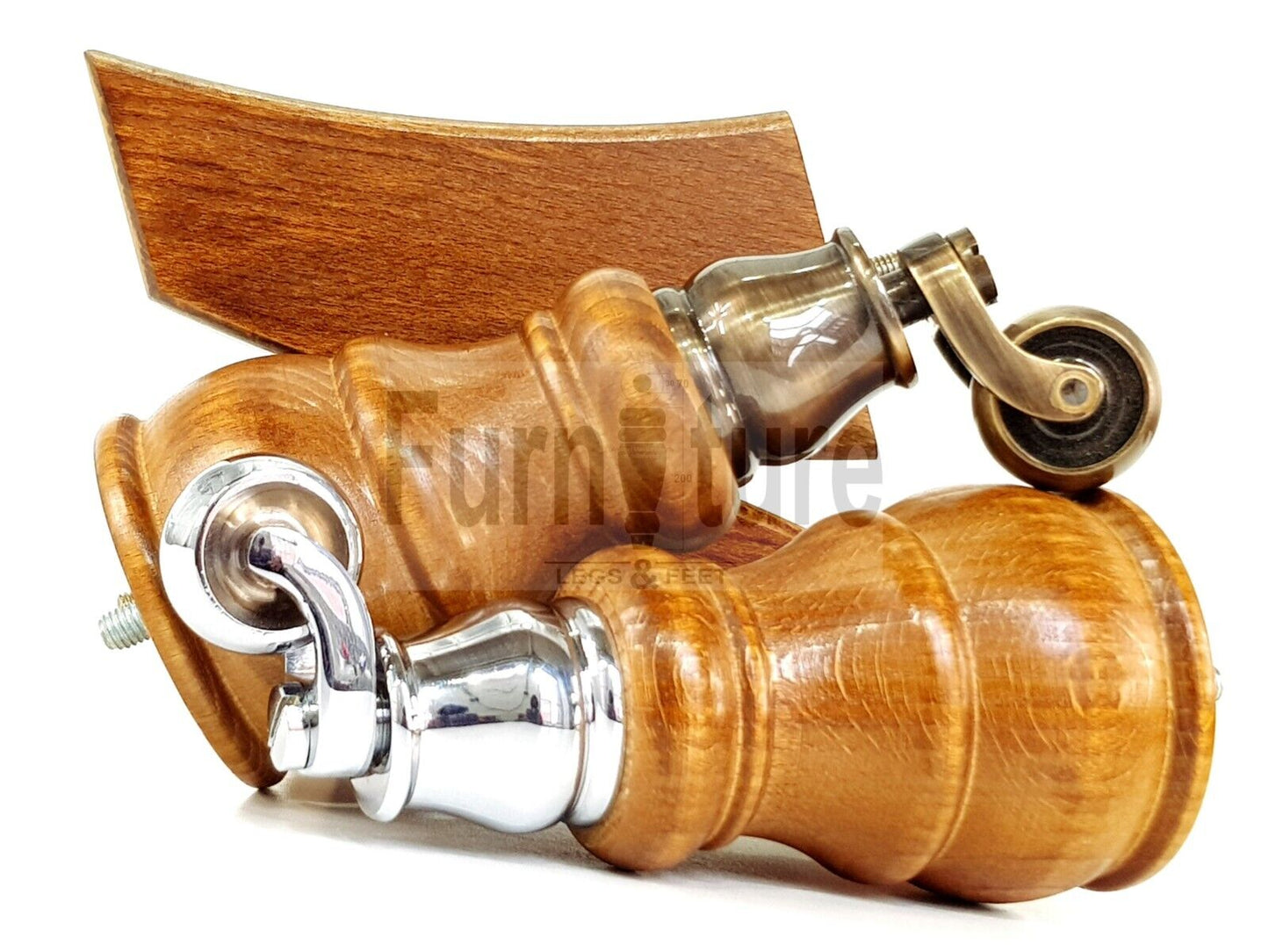 2 Wooden Castor Furniture Sofa Legs & 2 Curved Back Feet  Dark Oak Stain M8 Chair Settee Feet 160mm High