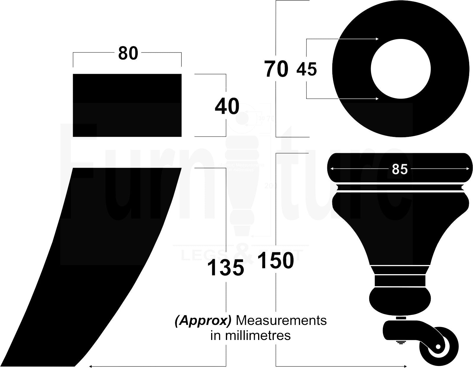 Turned Wood Furniture Feet 2 With Chrome Castors 150mm & 2 Curved Back Legs Sofas Chairs Cabinets Beds M8