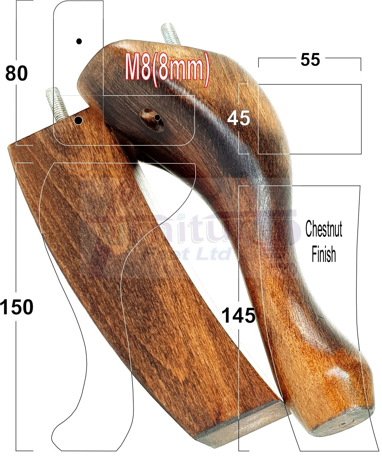 2x Vintage Queen Anne Replacement Furniture Legs & 2x Curved Back Feet 150mm 6 Inch High 8mm Thread