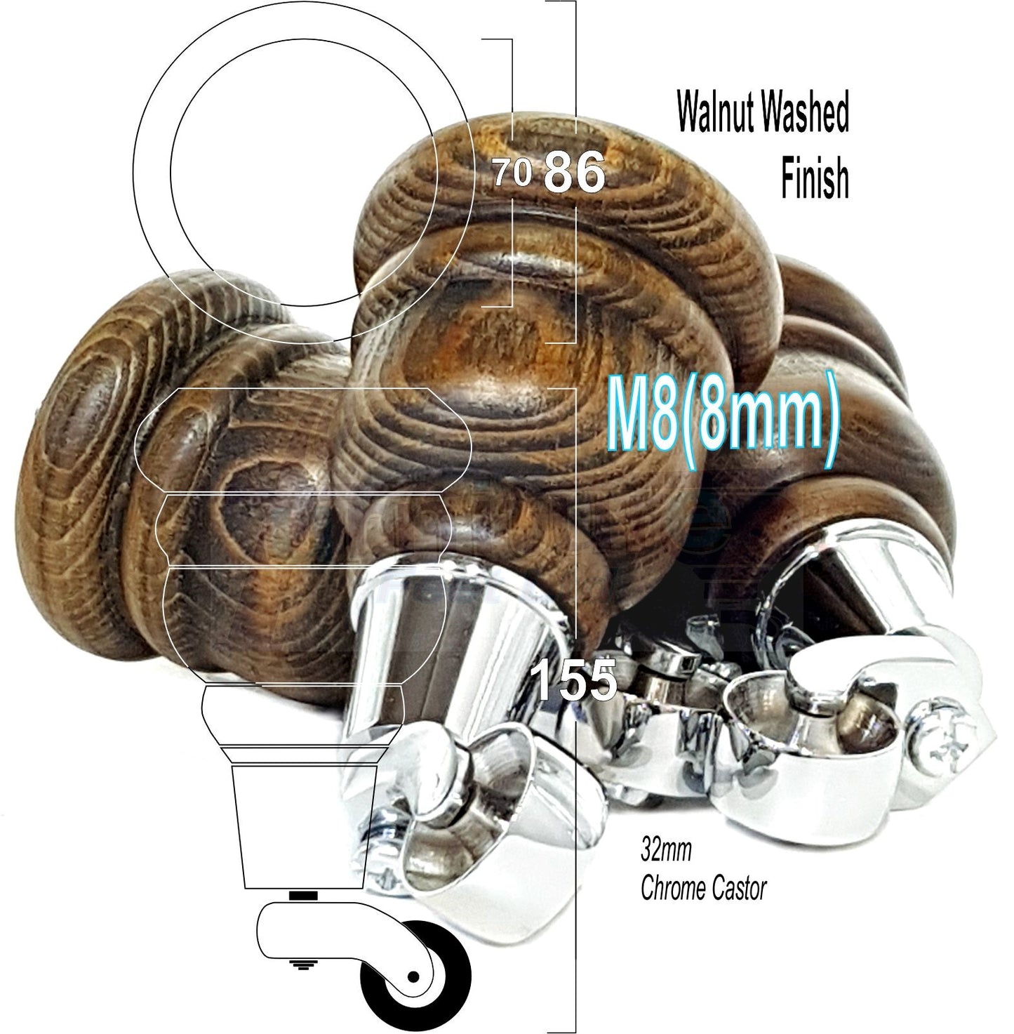 4 Turned Wood Furniture Feet With Chrome Castors 155mm Legs Sofas Chairs Stools Cabinets Beds M8 6 Inches