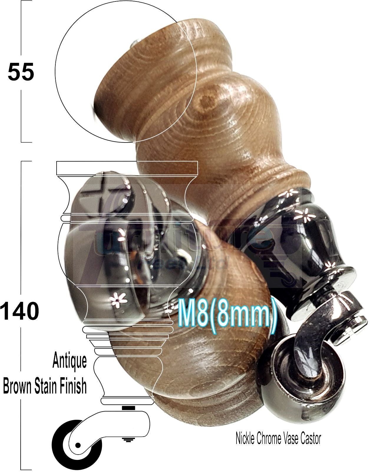 Set Of 4 Turned Wood Furniture Legs With 150mm High Castor 8mm Thread For Chairs Settees & Cabinets Antique Brown Stain