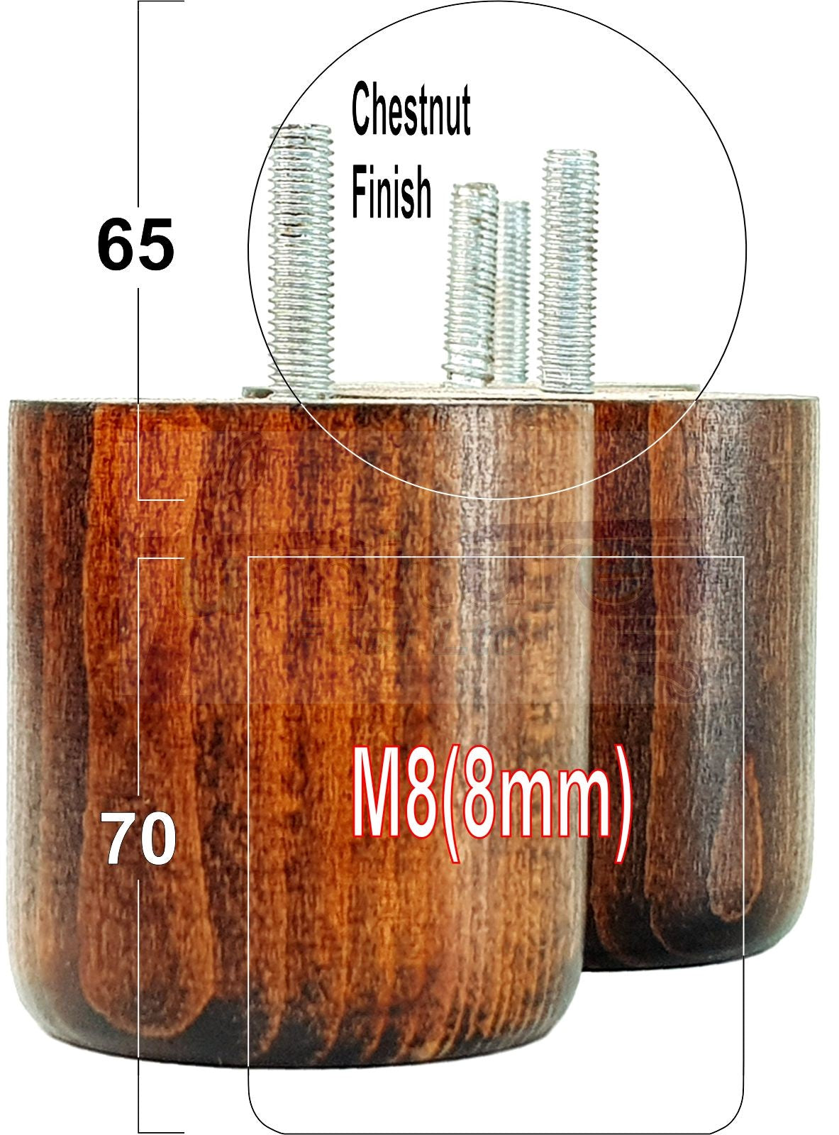 4x Solid Wood Turned Furniture Legs Replacement Bun Feet 70mm High 8mm Thread