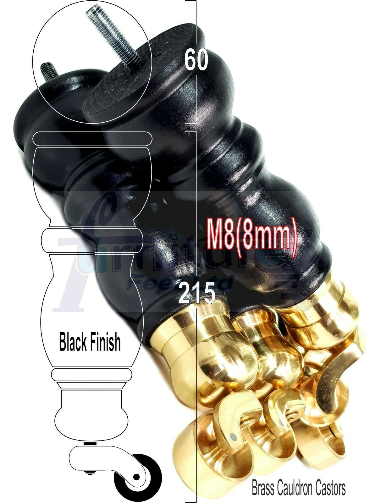 4x Furniture Feet With Castor 205mm High Legs Black Wood M8 Sofas Chairs Stools Cabinets 8 Inches Tall