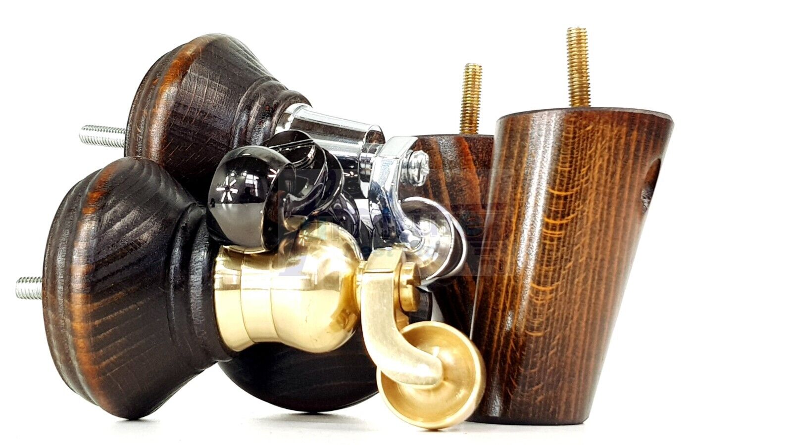 2 Dark Walnut Washed Wood Furniture Sofa Legs With Castor 125mm & 2 Angled Back Feet Chair Settee 100mm High M8