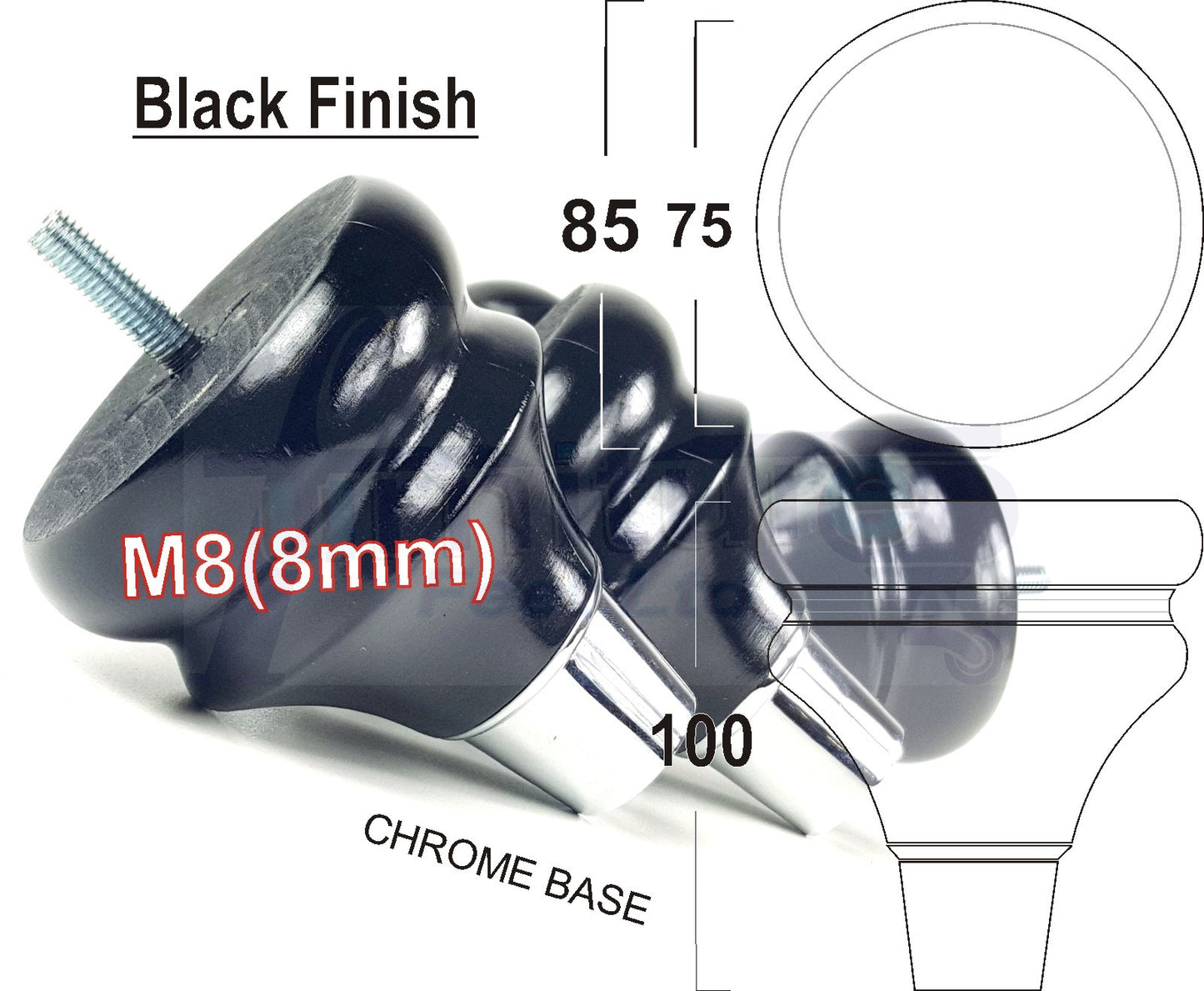 4x Turned Wood Furniture Feet M8(8mm) With A Chrome Slipper Cup Chair Sofa Settee Legs 100mm
