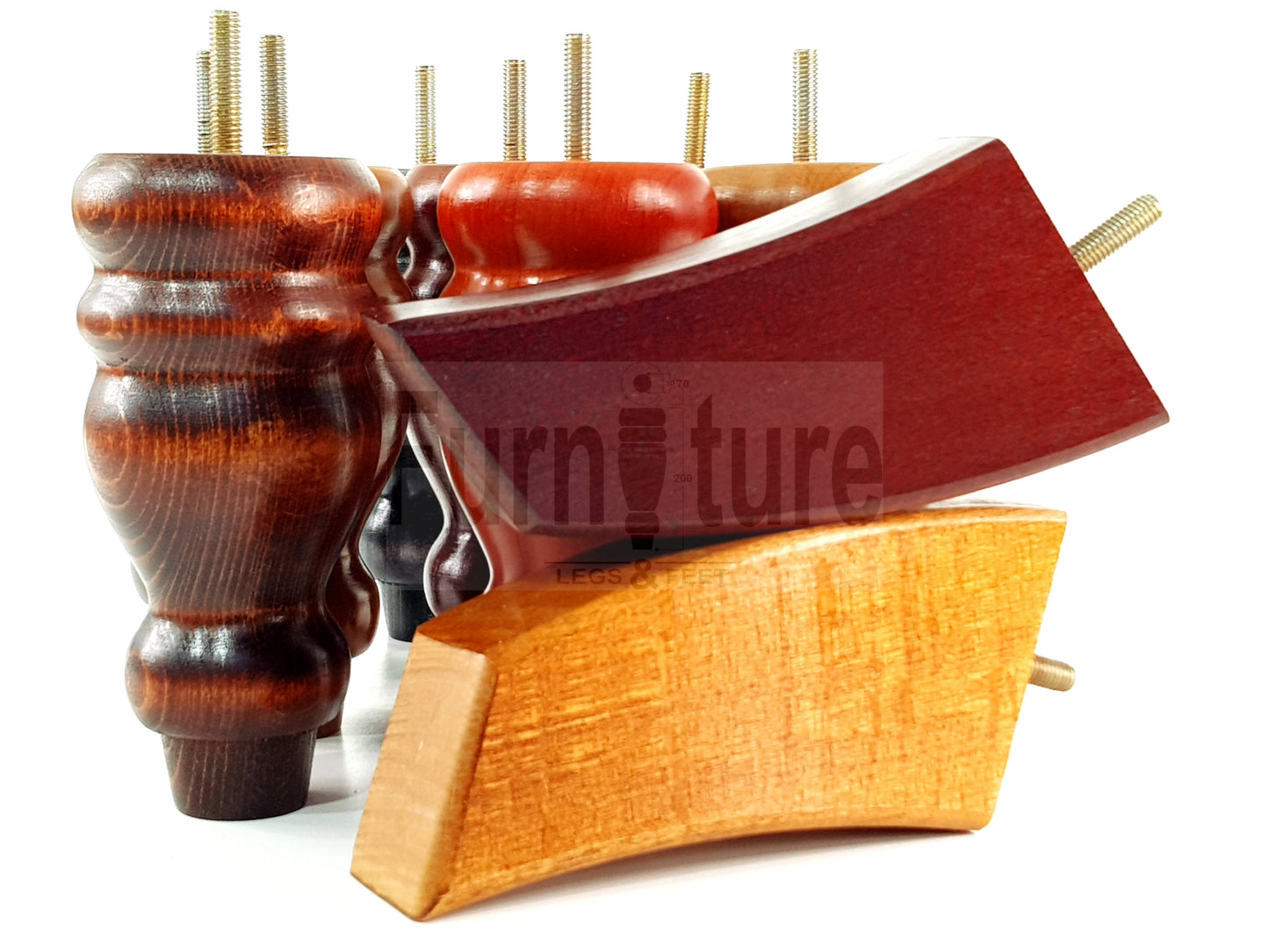 2x Turned Wood Furniture Feet 155mm and 2 Curved Back Legs Sofas Chairs Stools Cabinets Beds M10 Thread 6 Inches
