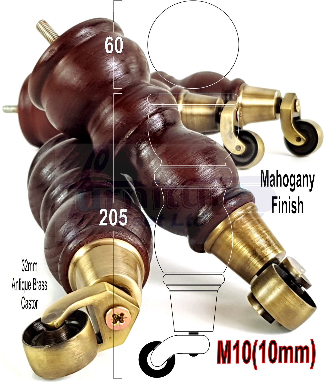 Solid Wood Furniture Feet With Castors Set of 4 Legs 205mm High For Sofas Chairs & Beds M10 Thread