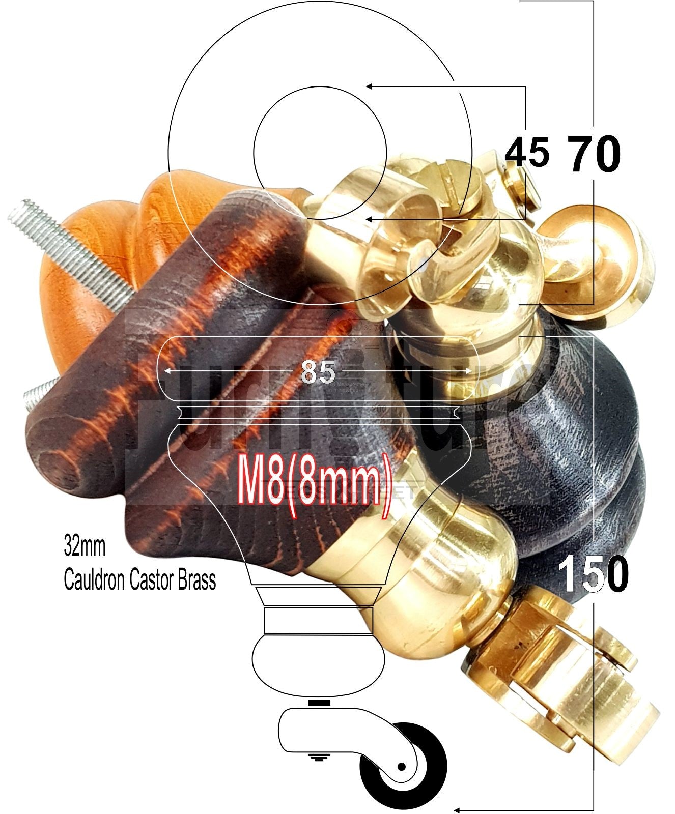 Set Of 4 Turned Furniture Wood Feet With Brass Castors 150mm Sofas Chairs Settee Cabinets Beds M8(8mm)