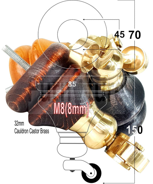 Set Of 4 Turned Furniture Wood Feet With Brass Castors 150mm Sofas Chairs Settee Cabinets Beds M8(8mm)
