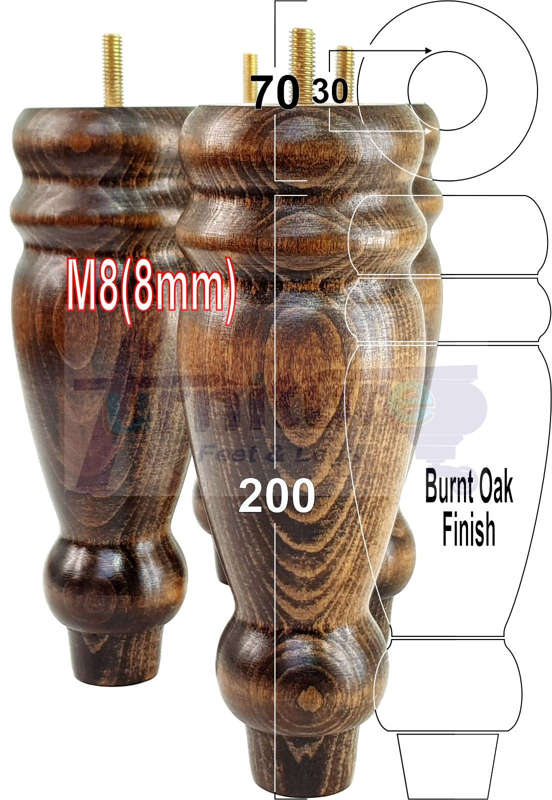 Set Of 4 Turned Furniture Legs Replacement Sofa Feet 200mm High M8 Thread