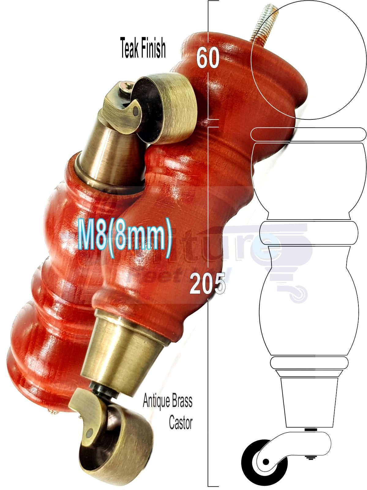 Solid Wood Furniture Feet With Castors Set of 4 Legs 205mm High For Sofas Chairs Stools Cabinets & Beds M8