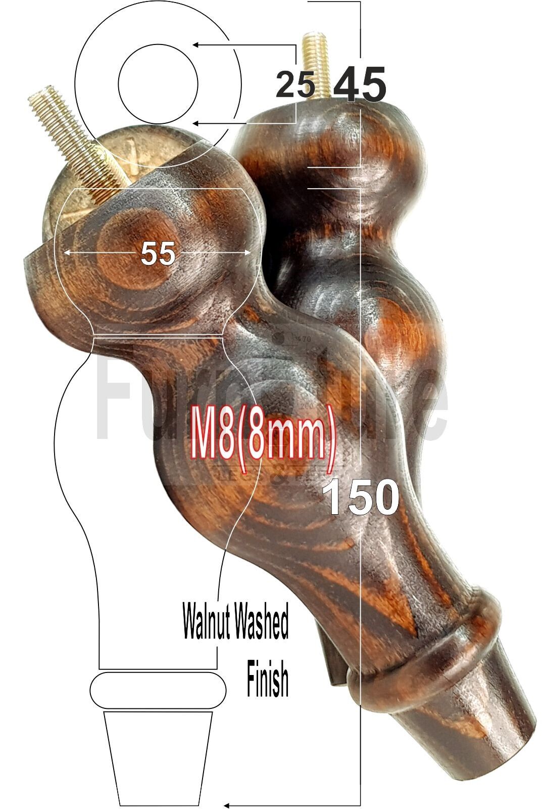Set Of 4 Solid Wood Turned Furniture Feet Replacement Legs 150mm High 8mm Thread