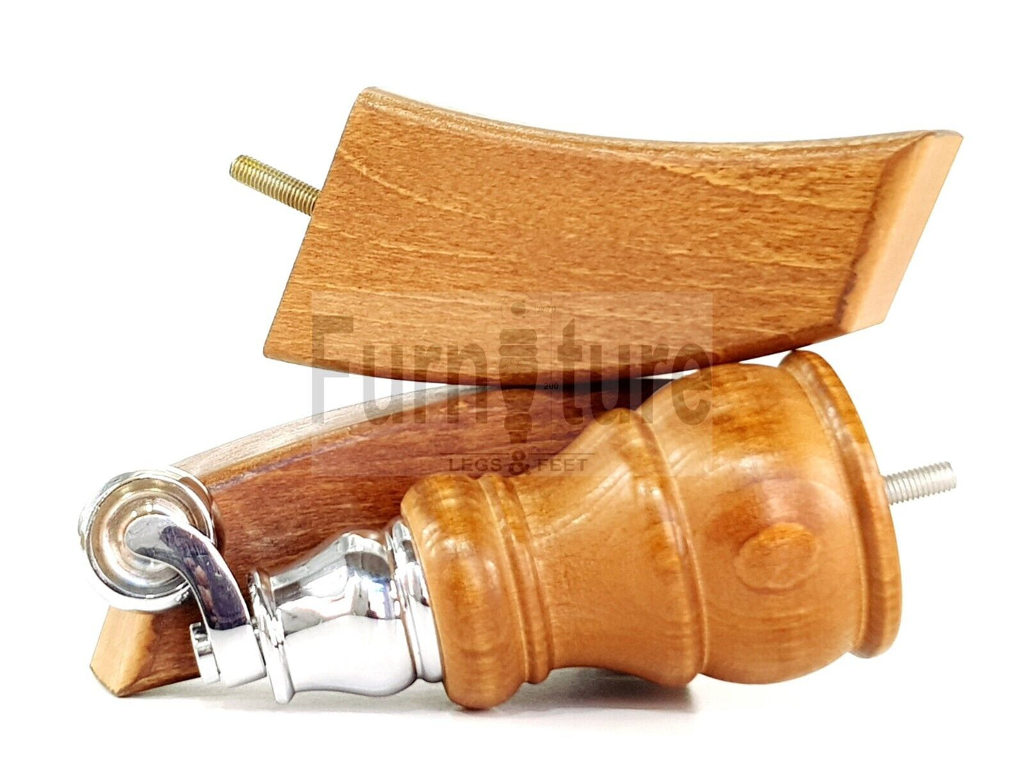 2 Wooden Castor Furniture Sofa Legs & 2 Curved Back Feet  Dark Oak Stain M8 Chair Settee Feet 160mm High