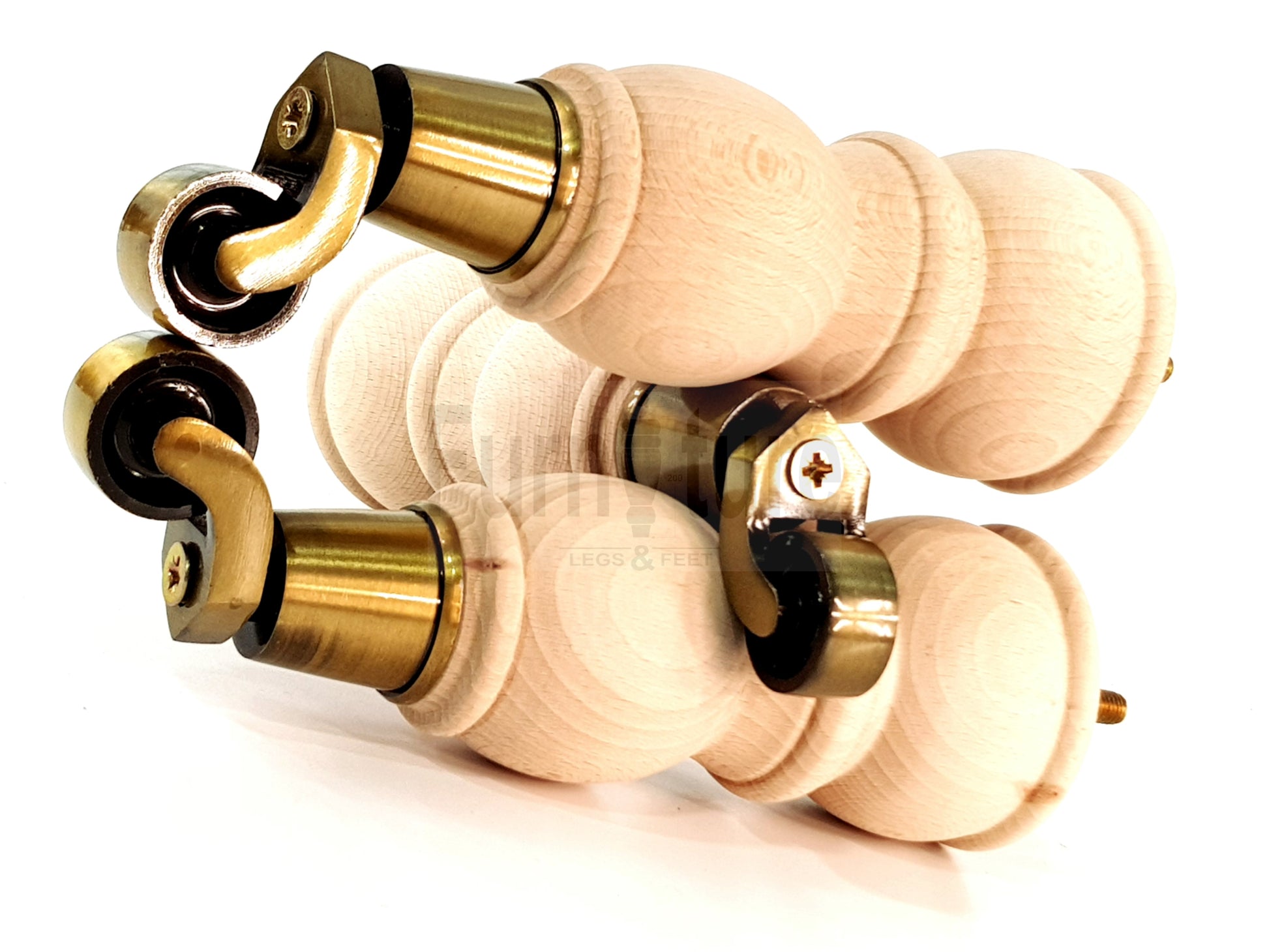 4 Turned Wood Furniture Feet With Castor 205mm High Legs Raw Wood M8 Sofas Chairs Stools Cabinets 8 Inches Tall 