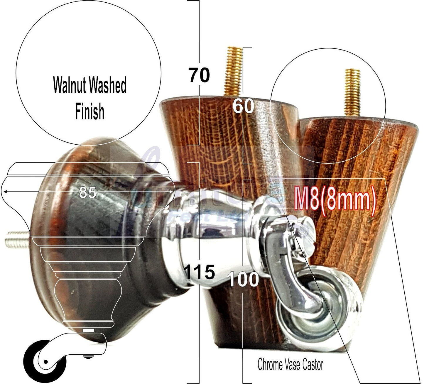2 Dark Walnut Washed Wood Furniture Sofa Legs With Castor 125mm & 2 Angled Back Feet Chair Settee 100mm High M8