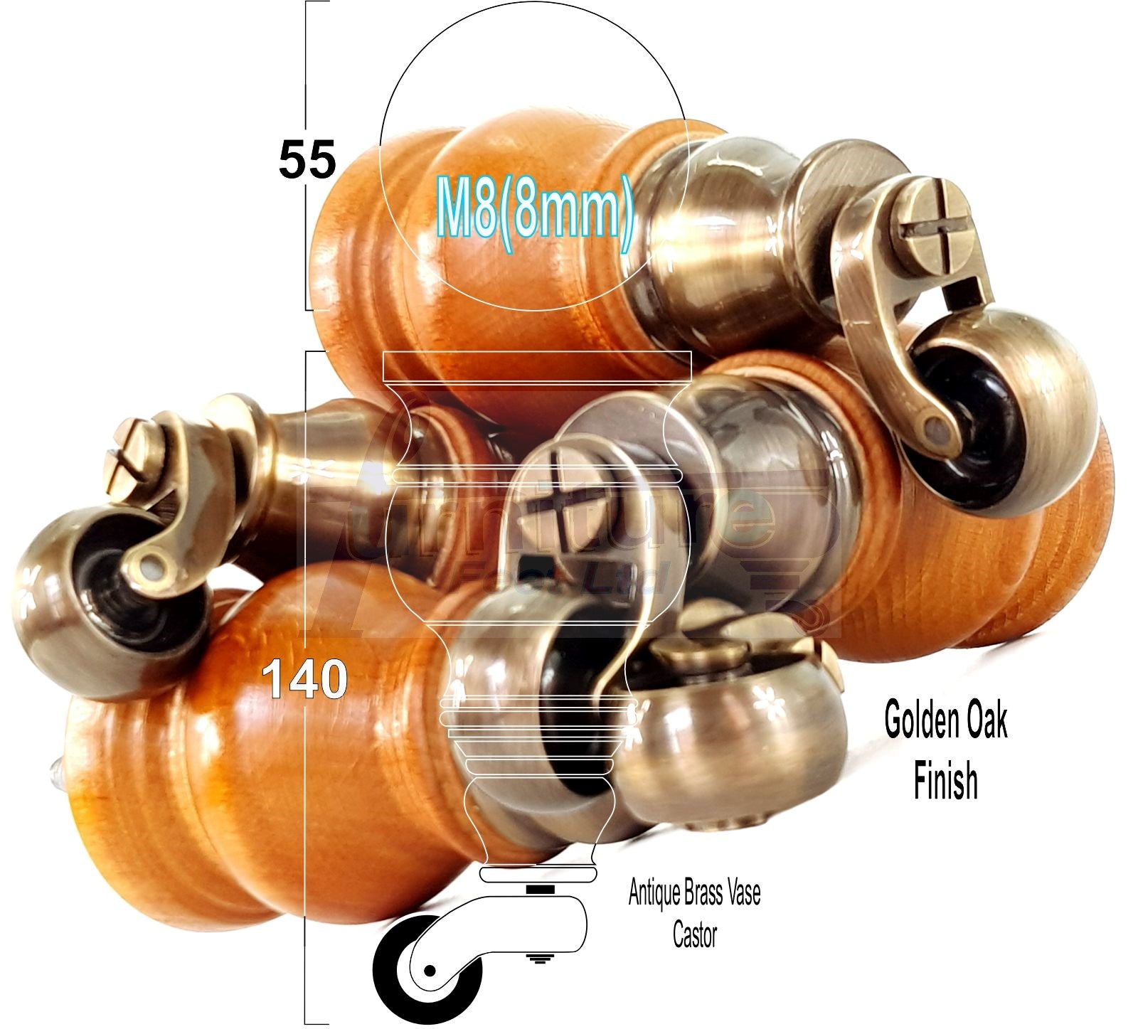 Set Of 4 Turned Wood Furniture Legs With 150mm High Castor 8mm Thread For Chairs Settees & Cabinets Golden Oak Finish