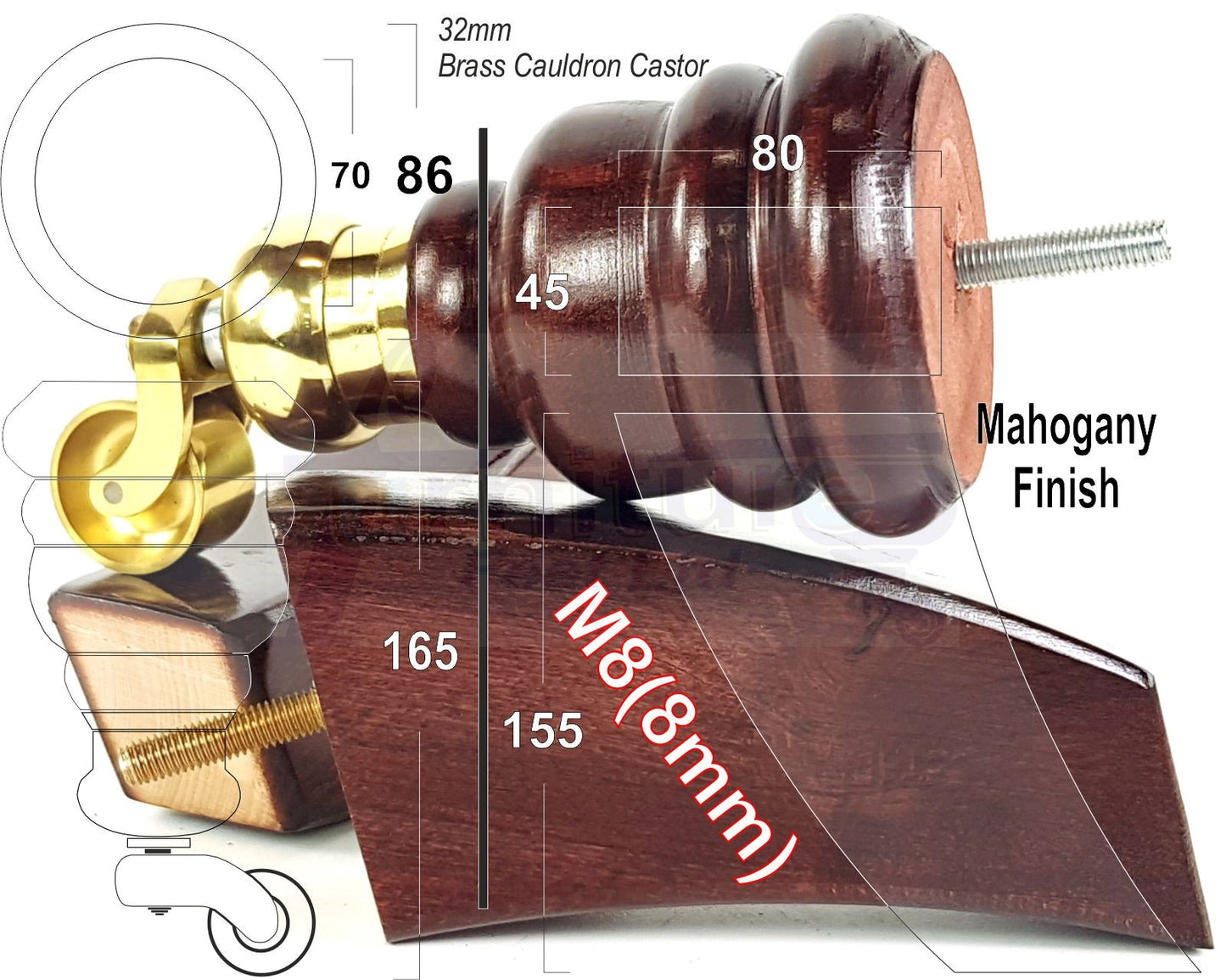 Mahogany Turned Wood Furniture Feet 2 With Castors 155mm and 2 Curved Back Legs Sofas Chairs Stools Cabinets Beds M8 6 Inches