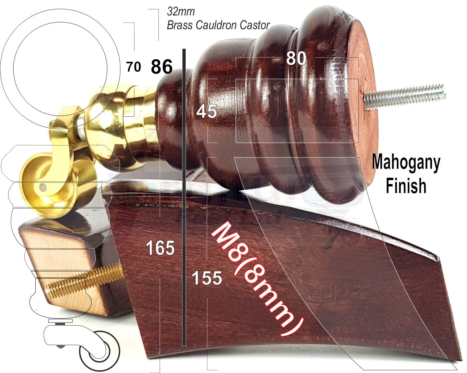Mahogany Turned Wood Furniture Feet 2 With Castors 155mm and 2 Curved Back Legs Sofas Chairs Stools Cabinets Beds M8 6 Inches