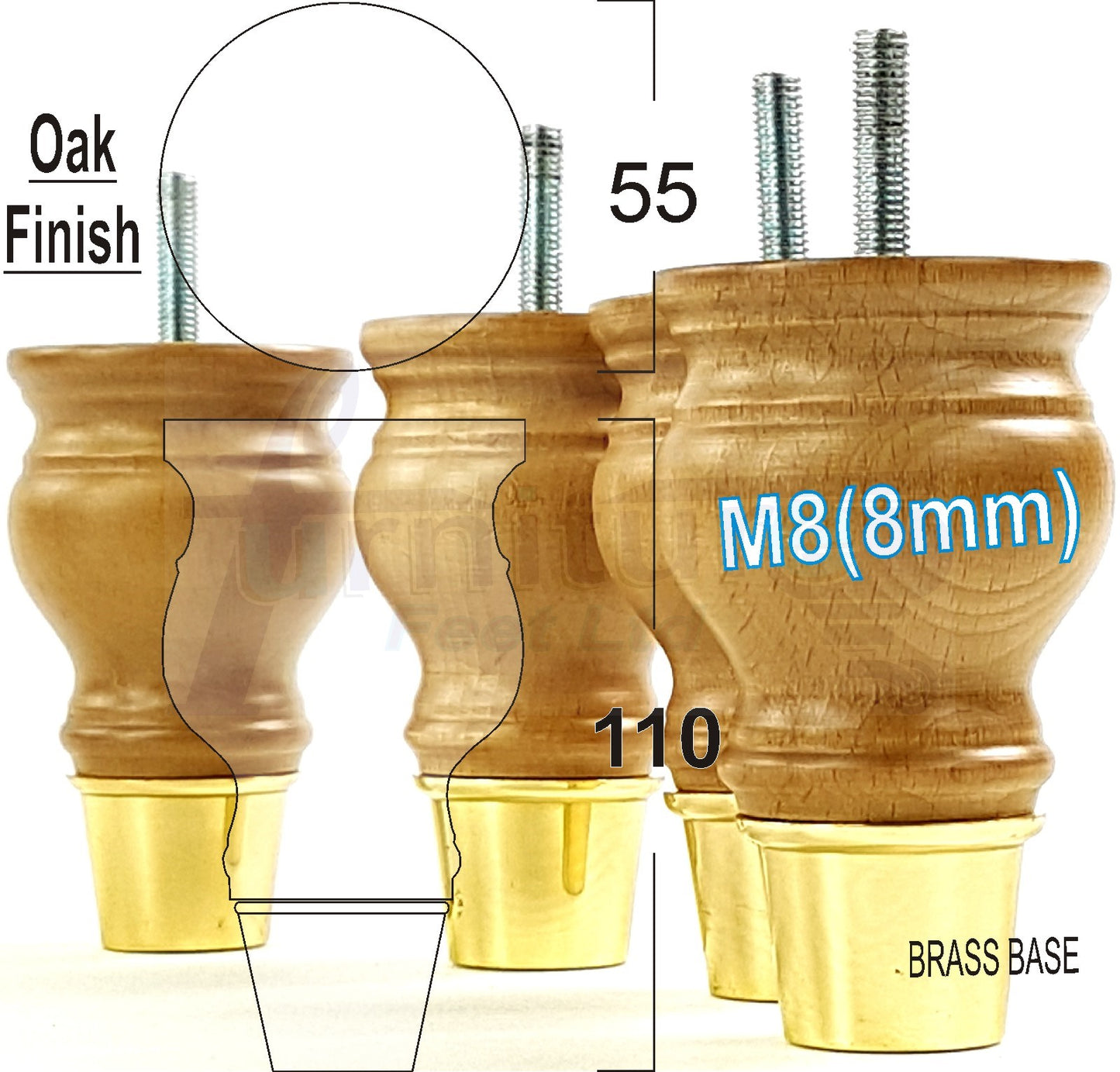 4x Turned Wood Furniture Feet M8(8mm) With Slipper Cup Chair Sofa Settee Legs 110mm