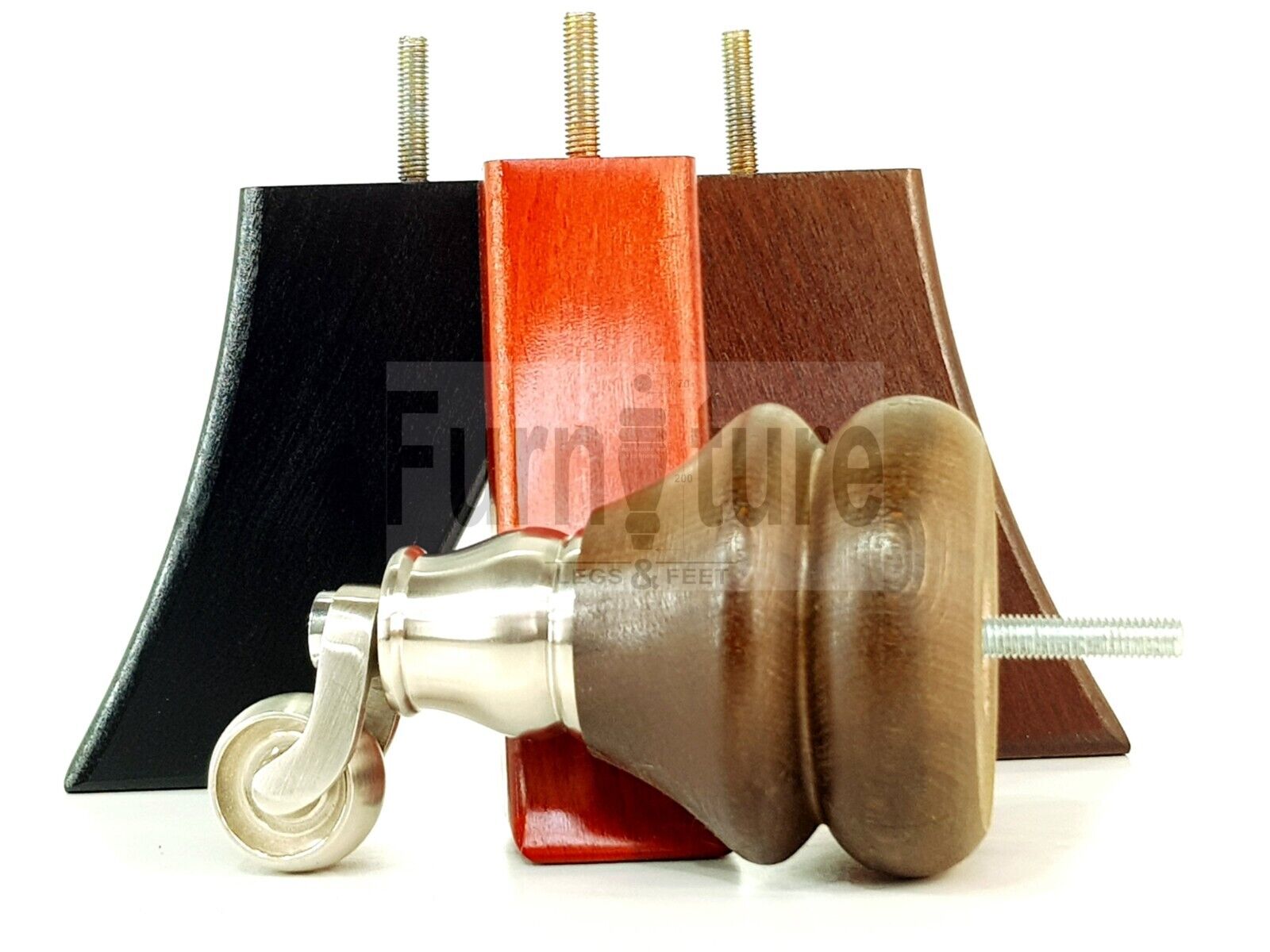 Turned Wood Furniture Feet 2 With Brushed Chrome Castors 140mm & 2 Curved Back Legs Sofas Chairs Stools Cabinets Beds M8