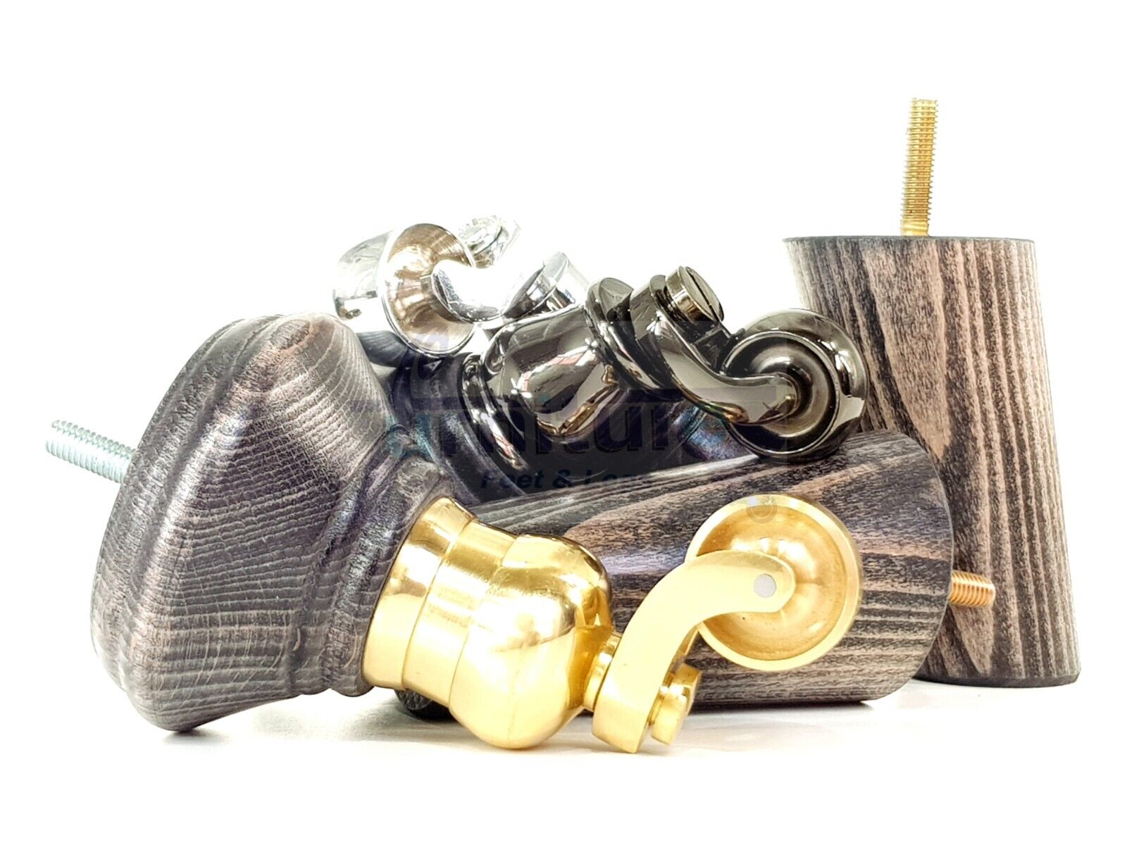 2 Black Washed Wood Furniture Sofa Legs With Castor 125mm & 2 Angled Back Feet Chair Settee 100mm High M8