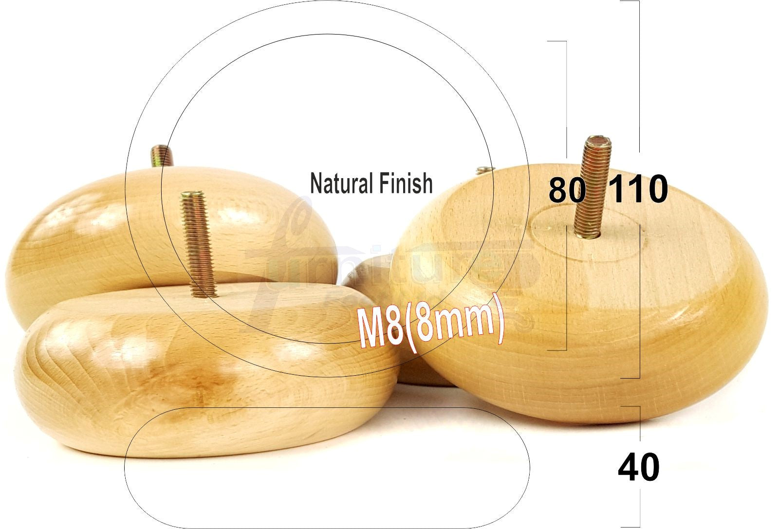 Set Of 4 Turned Wood Furniture Legs Chair Sofa Bed Replacement Bun Feet 40mm High