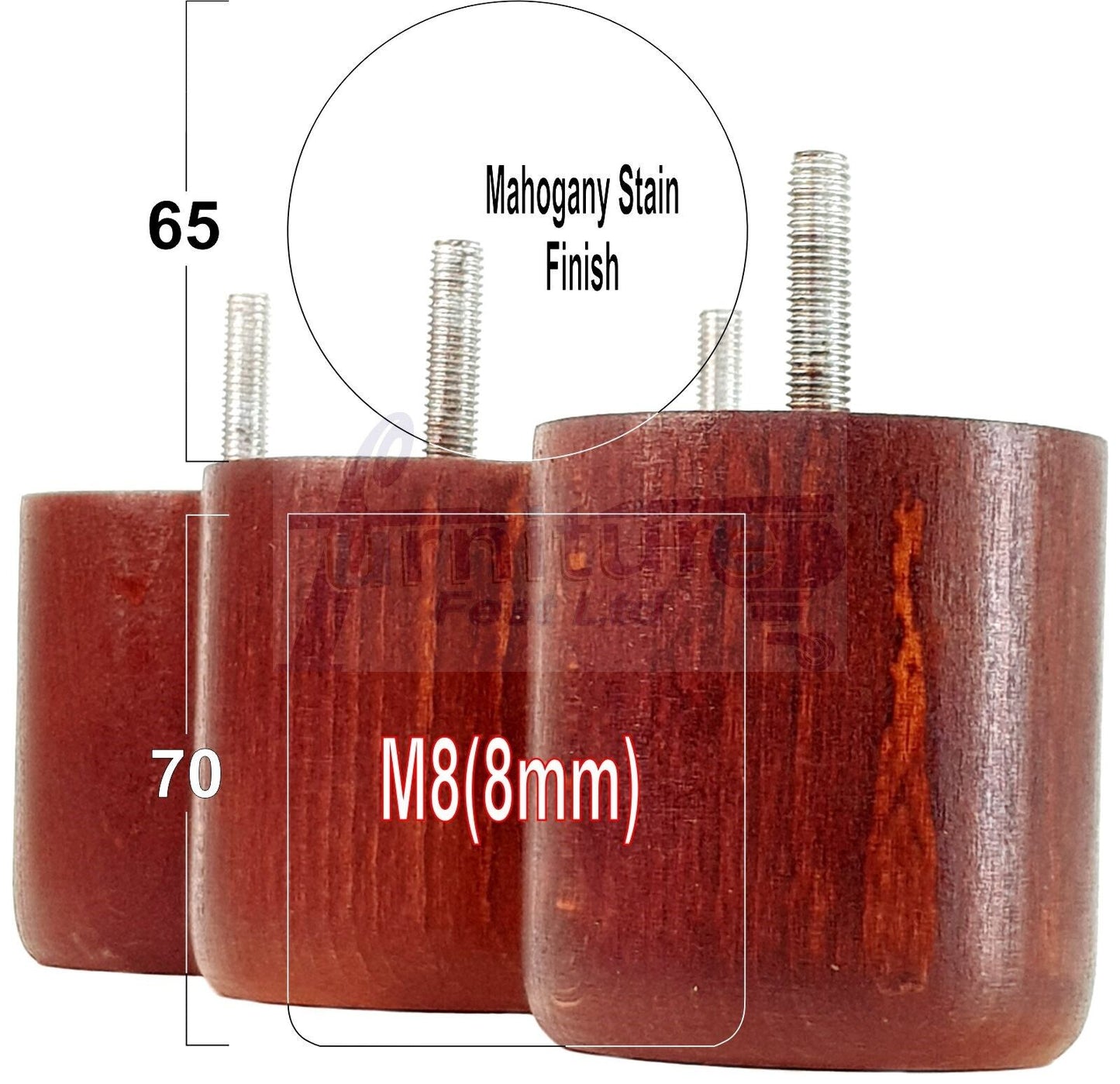 4x Solid Wood Turned Furniture Legs Replacement Bun Feet 70mm High 8mm Thread