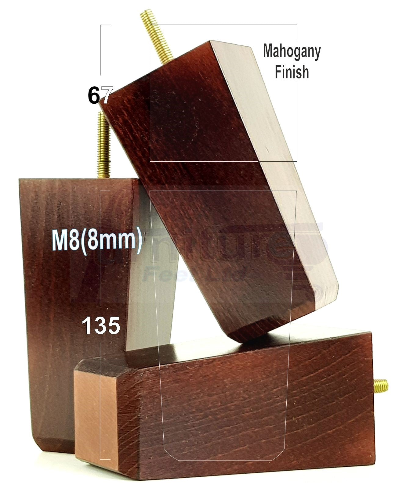 4x Block Wood Sofa Legs 135mm High Replacement Furniture Feet Chairs Cabinets M8(8mm)