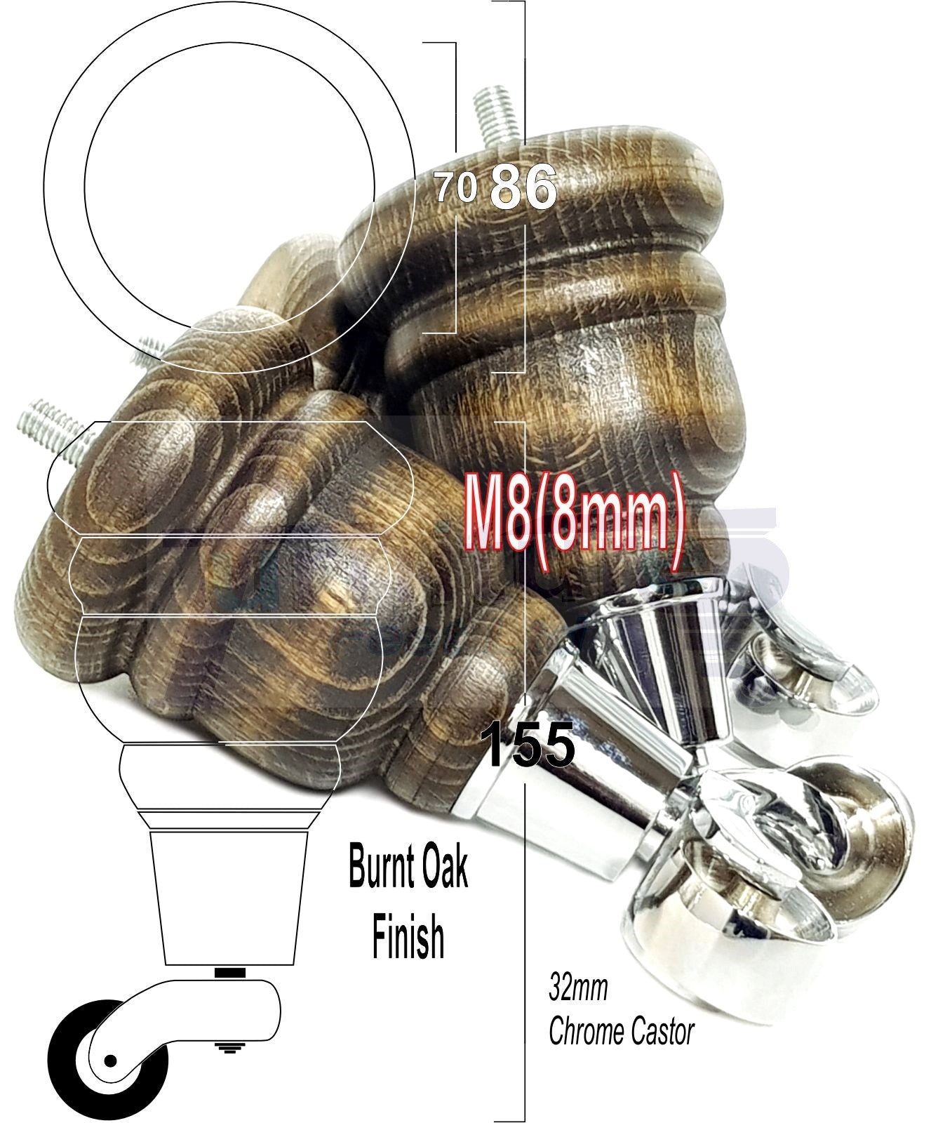 4 Turned Wood Furniture Feet With Chrome Castors 155mm Legs Sofas Chairs Stools Cabinets Beds M8 6 Inches