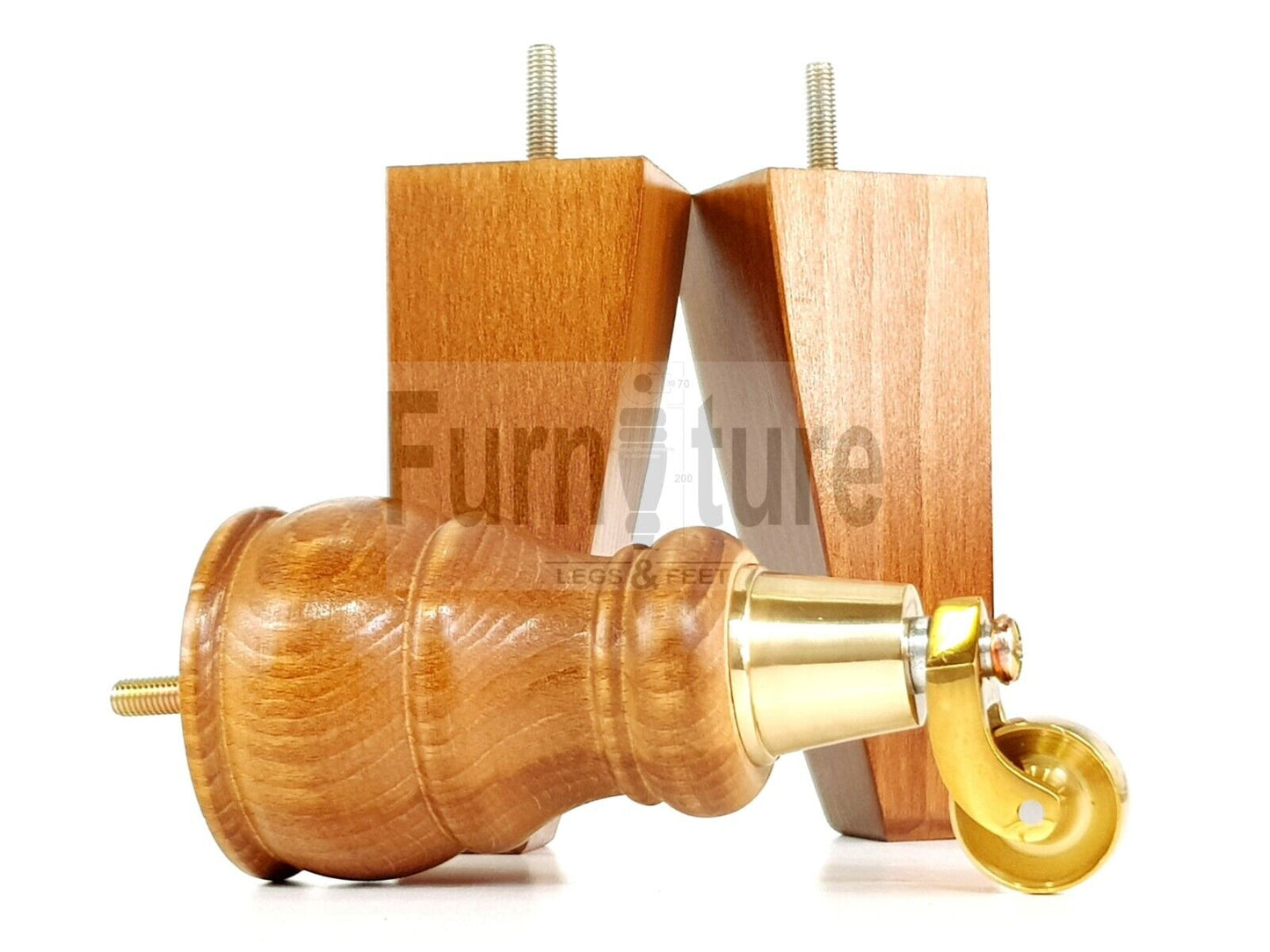 2 Wooden Castor Furniture Sofa Legs & 2 Curved Back Feet  Dark Oak Stain M8 Chair Settee Feet 160mm High