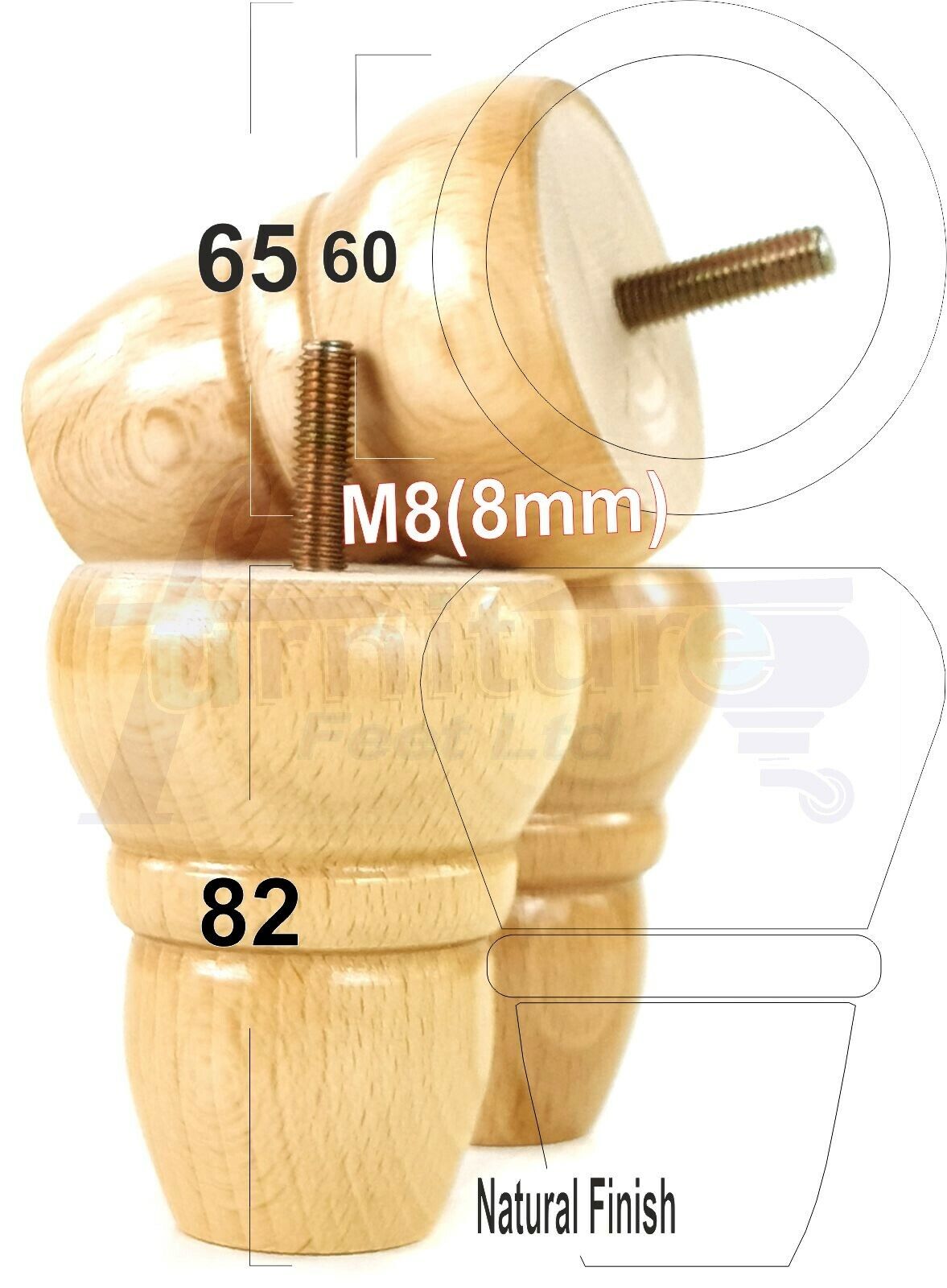 4x Turned Wood Repacement Furniture Legs M8 Sofa Chair Settee Feet 82mm