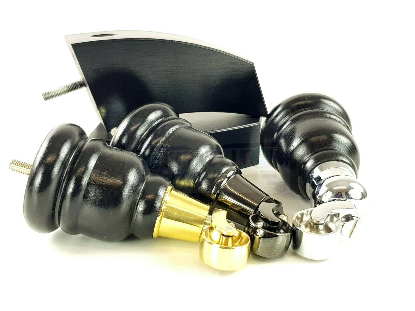 Black Turned Wood Furniture Feet 2 With Castors 155mm and 2 Curved Back Legs Sofas Chairs Stools Cabinets Beds M8 6 Inches