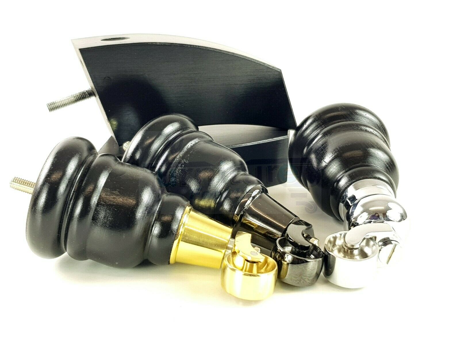 Black Turned Wood Furniture Feet 2 With Castors 155mm and 2 Curved Back Legs Sofas Chairs Stools Cabinets Beds M8 6 Inches