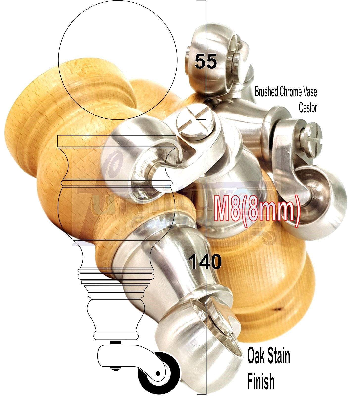 Set Of 4 Turned Wood Furniture Legs With 150mm High Castor 8mm Thread For Chairs Settees & Cabinets Oak Stain Finish