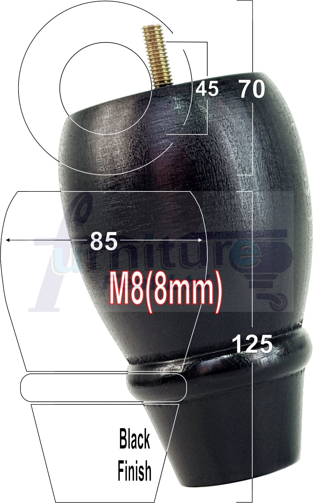 Set Of 4 Solid Wood Turned Replacement Furniture Legs 125mm High 8mm Thread