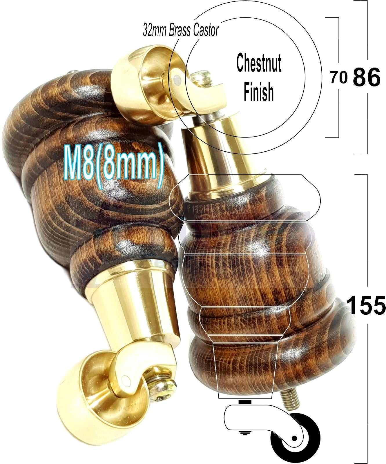 4 Turned Wood Furniture Feet With Brass Castors 155mm Legs Sofas Chairs Stools Cabinets Beds M8 6 Inches