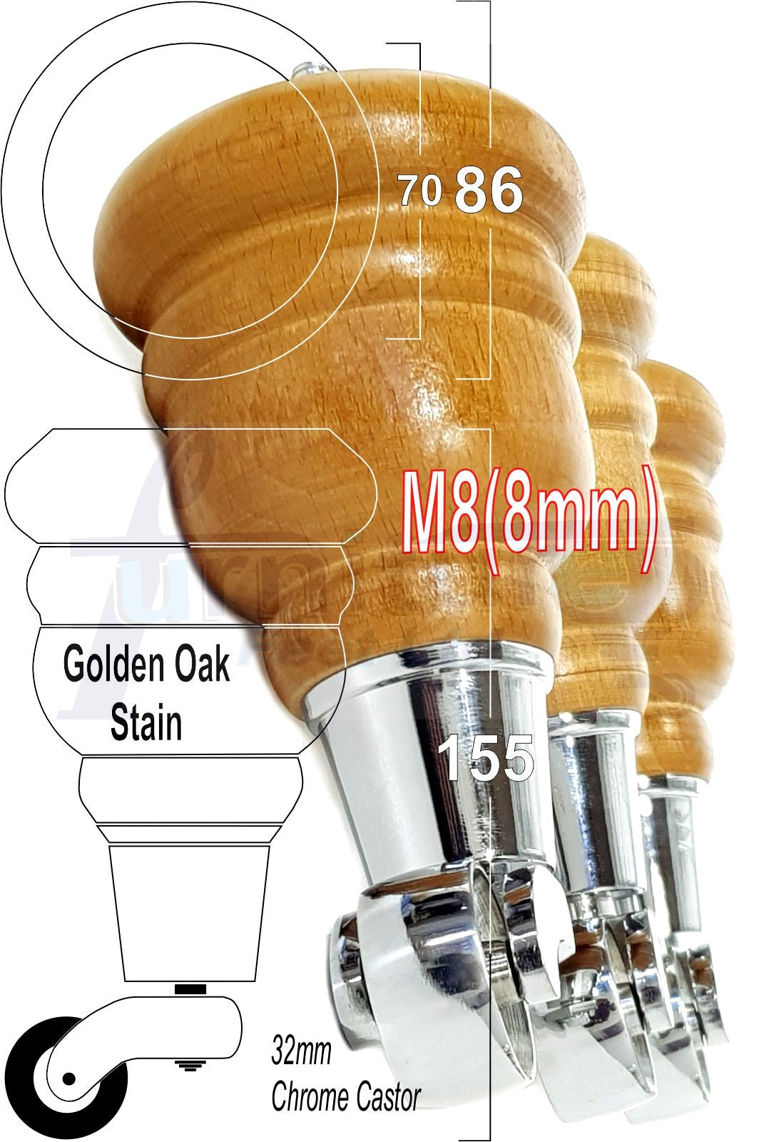 4 Turned Wood Furniture Feet With Chrome Castors 155mm Legs Sofas Chairs Stools Cabinets Beds M8 6 Inches