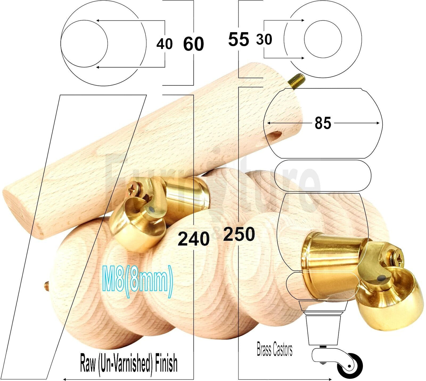 2x Furniture Brass Castor Legs & 2x Angled Solid Wooden Feet M8 Chairs Sofa 250mm High